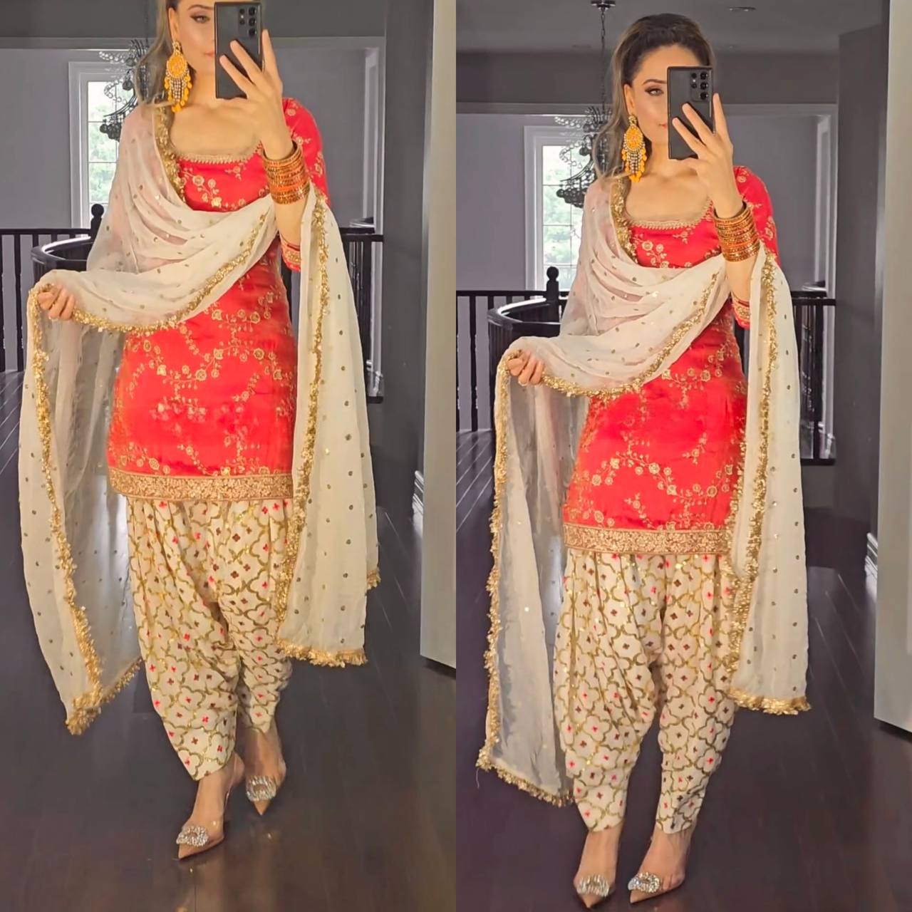 Orange and White Colour New Designer Party Wear Look Top Dhoti and Dupatta Set