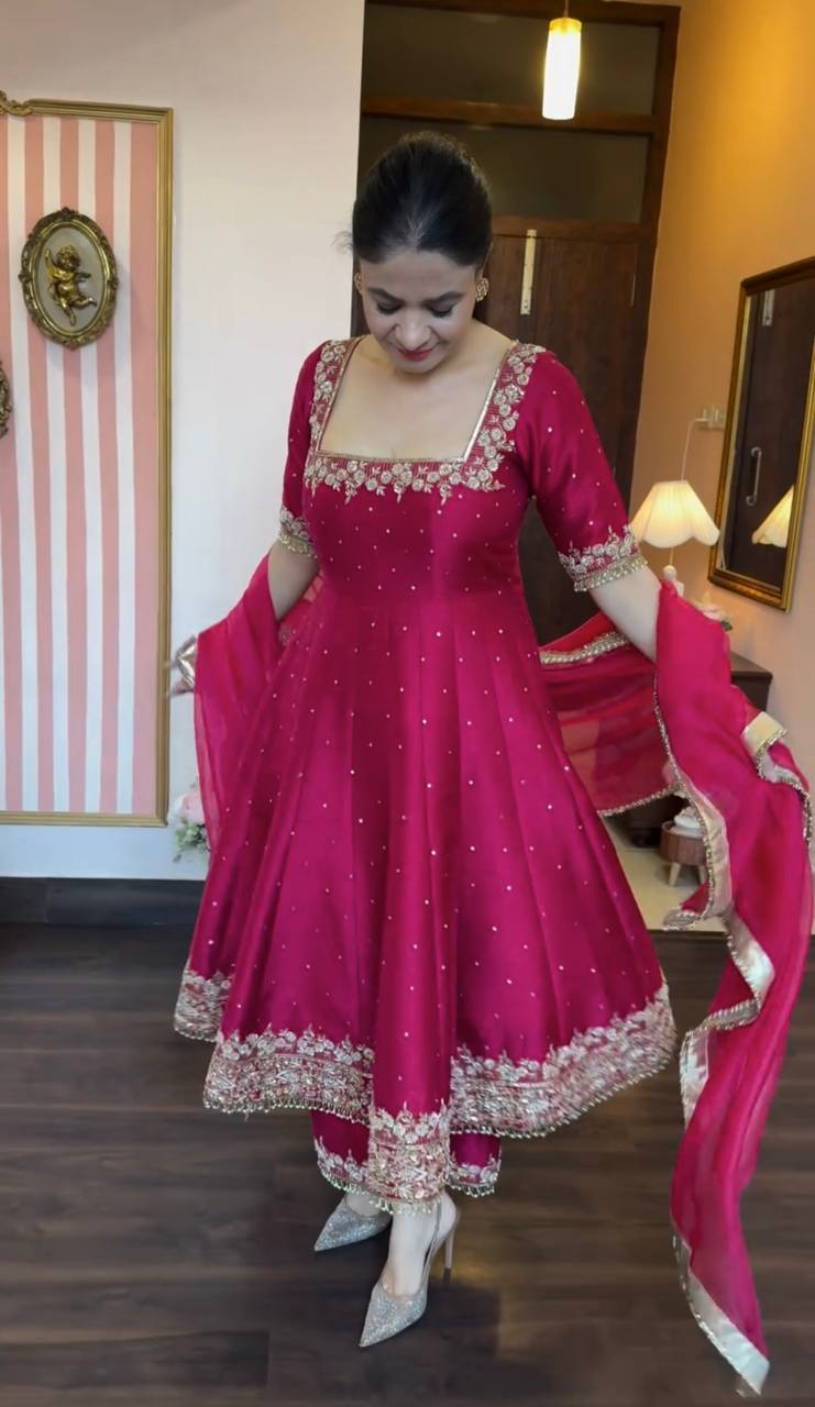 New Party Wear Look Pur Vichitra Silk Anarkali Gown