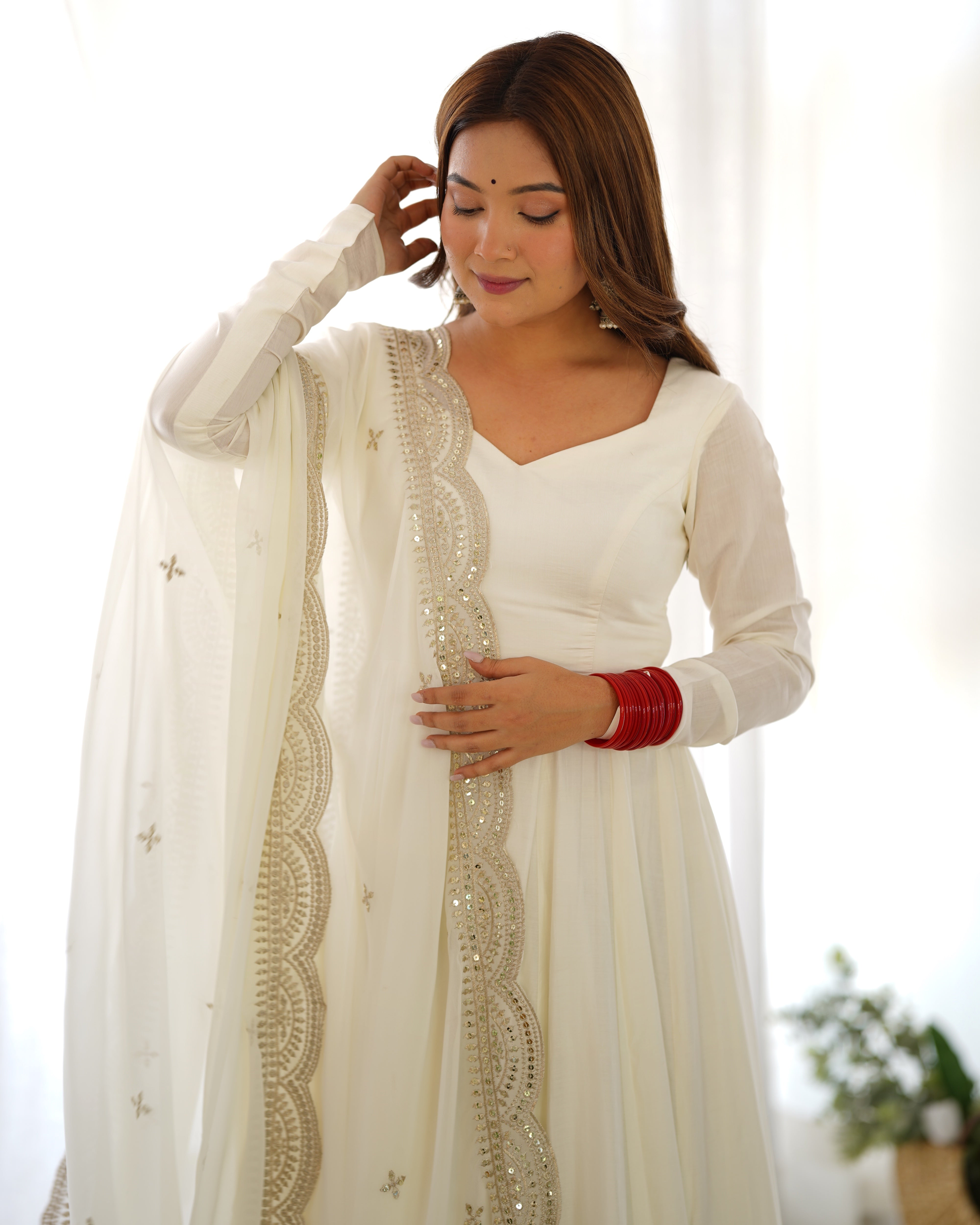 Chanderi Silk Off White Anarkali Gown With Pant & Dupatta Set