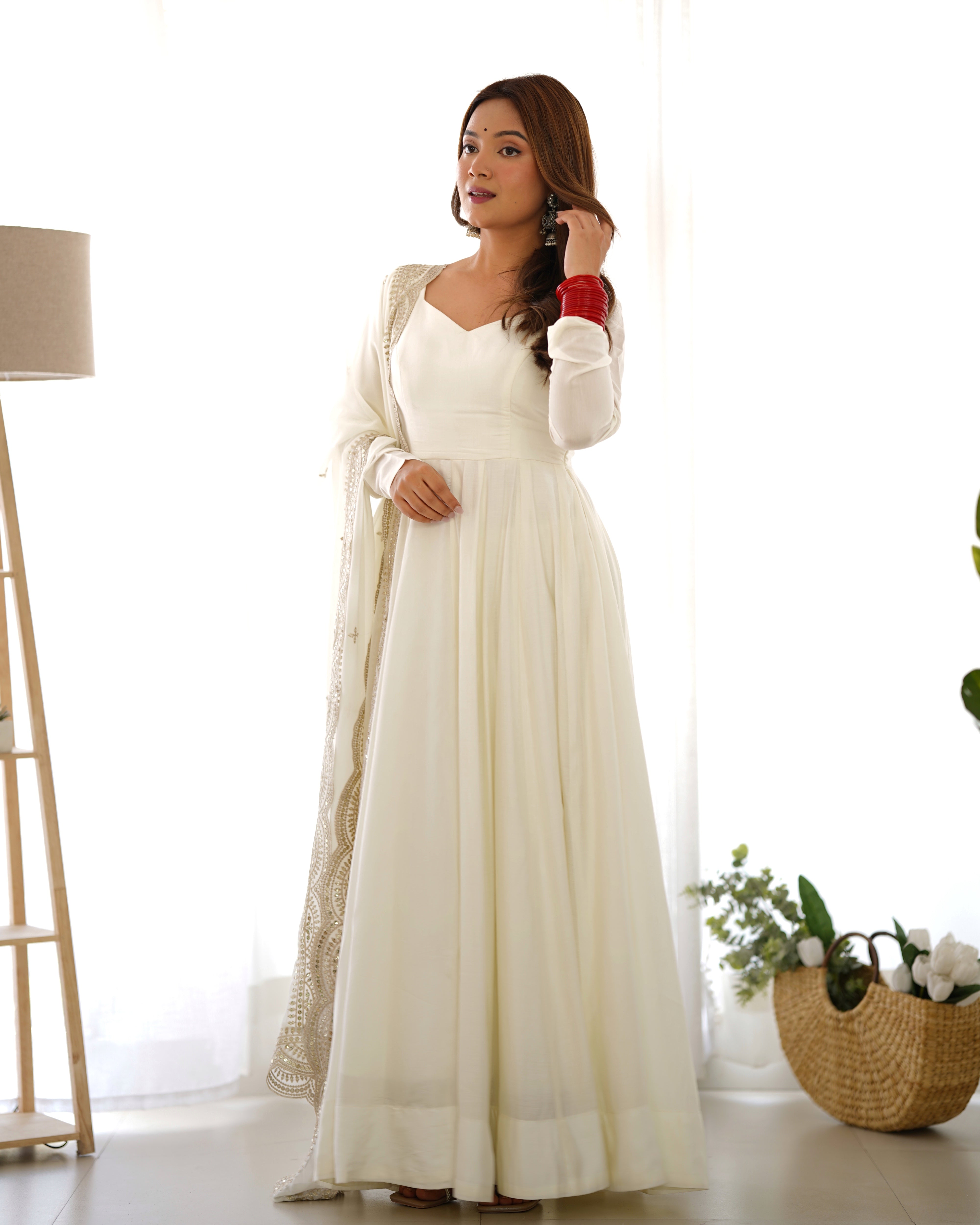 Chanderi Silk Off White Anarkali Gown With Pant & Dupatta Set