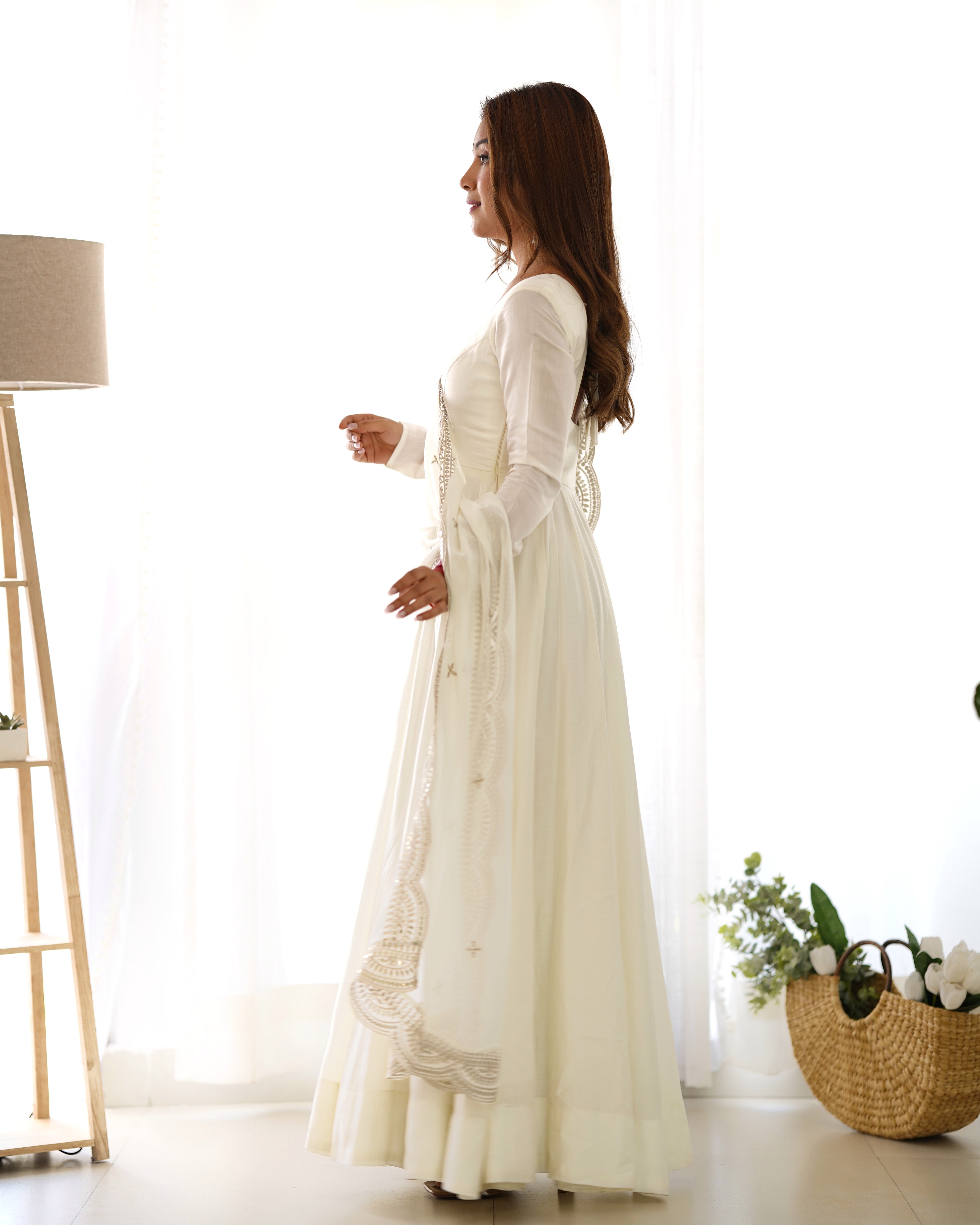 Chanderi Silk Off White Anarkali Gown With Pant & Dupatta Set