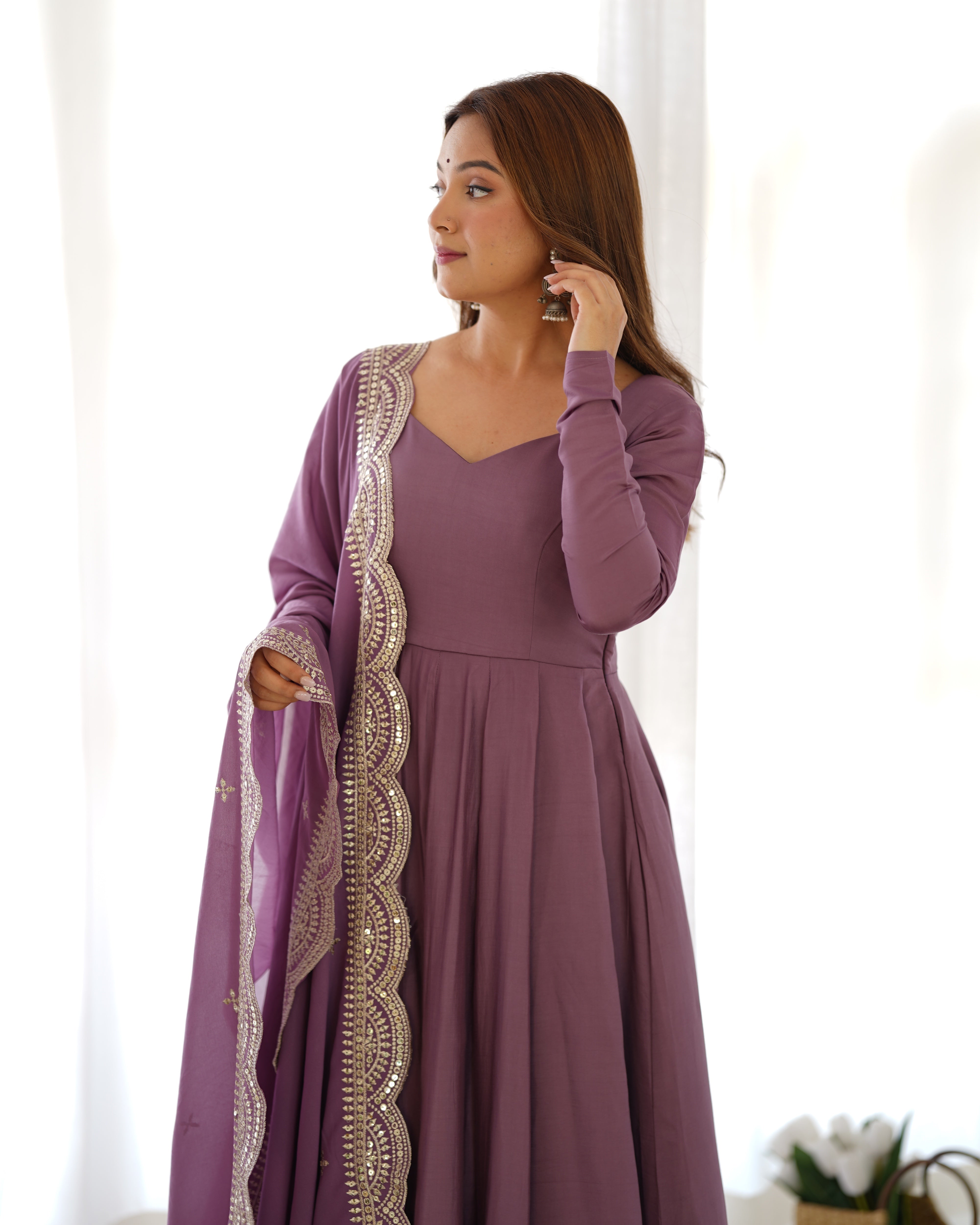 Mauve Chanderi Silk Anarkali Gown With Pant & Dupatta Set