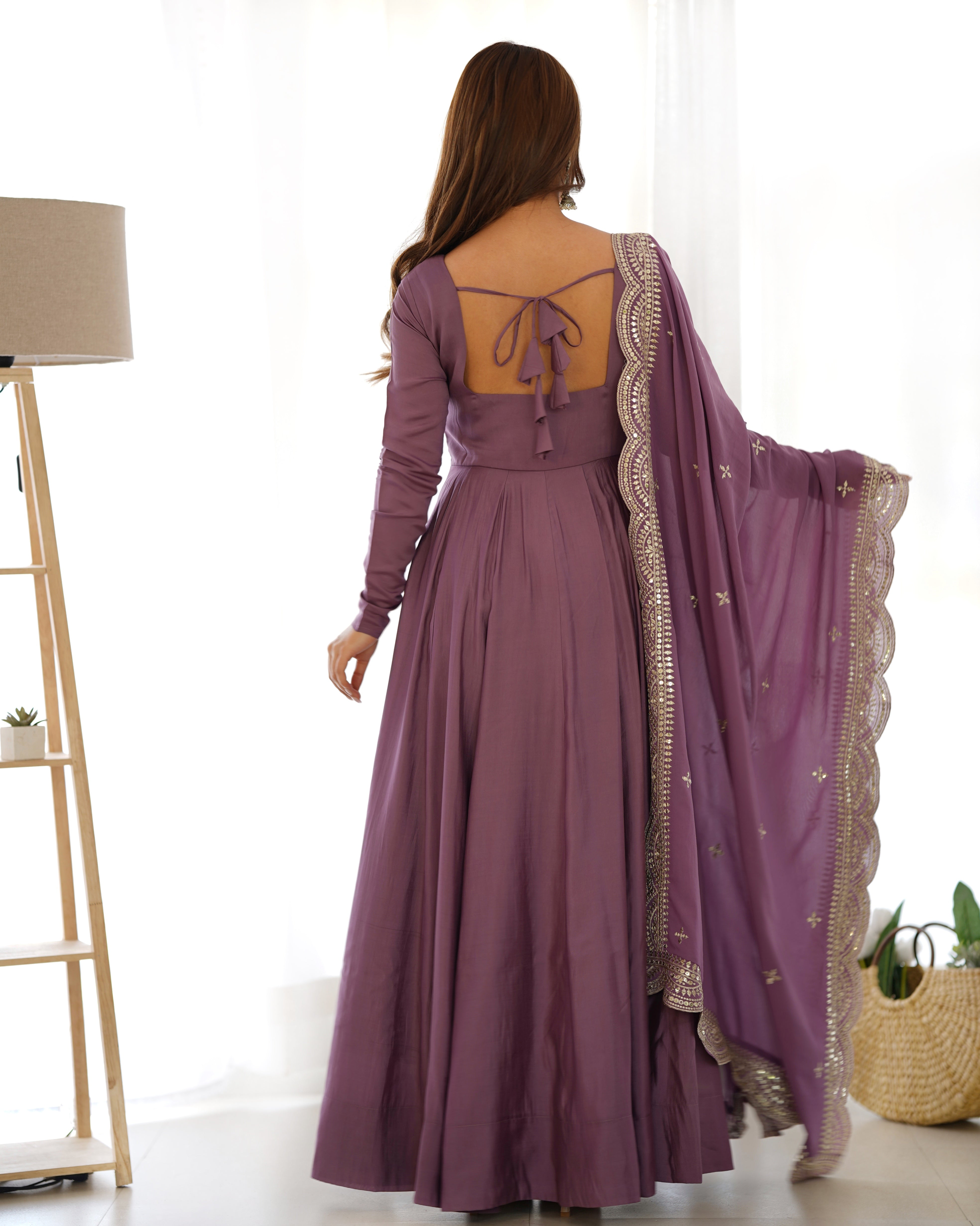 Mauve Chanderi Silk Anarkali Gown With Pant & Dupatta Set