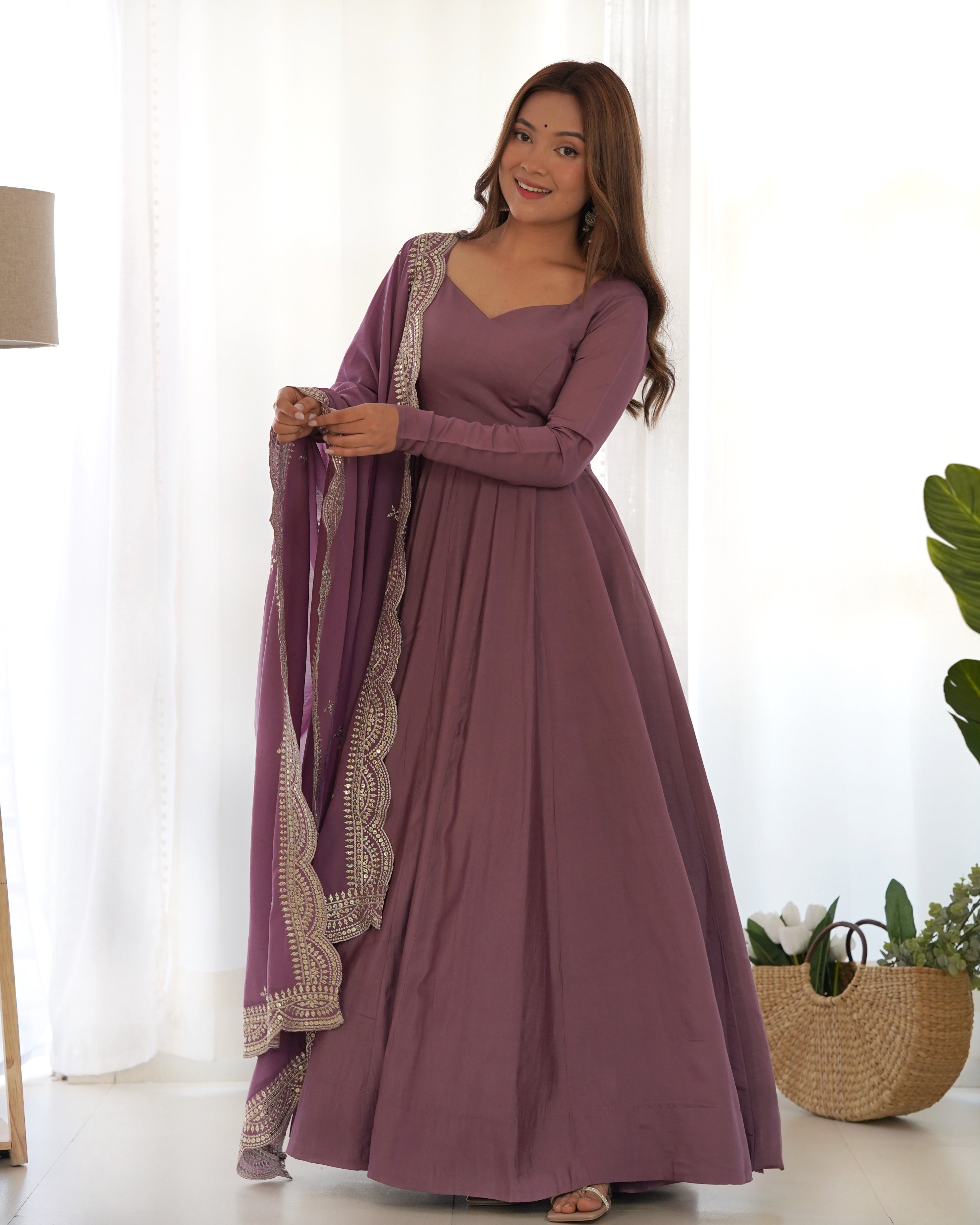 Mauve Chanderi Silk Anarkali Gown With Pant & Dupatta Set