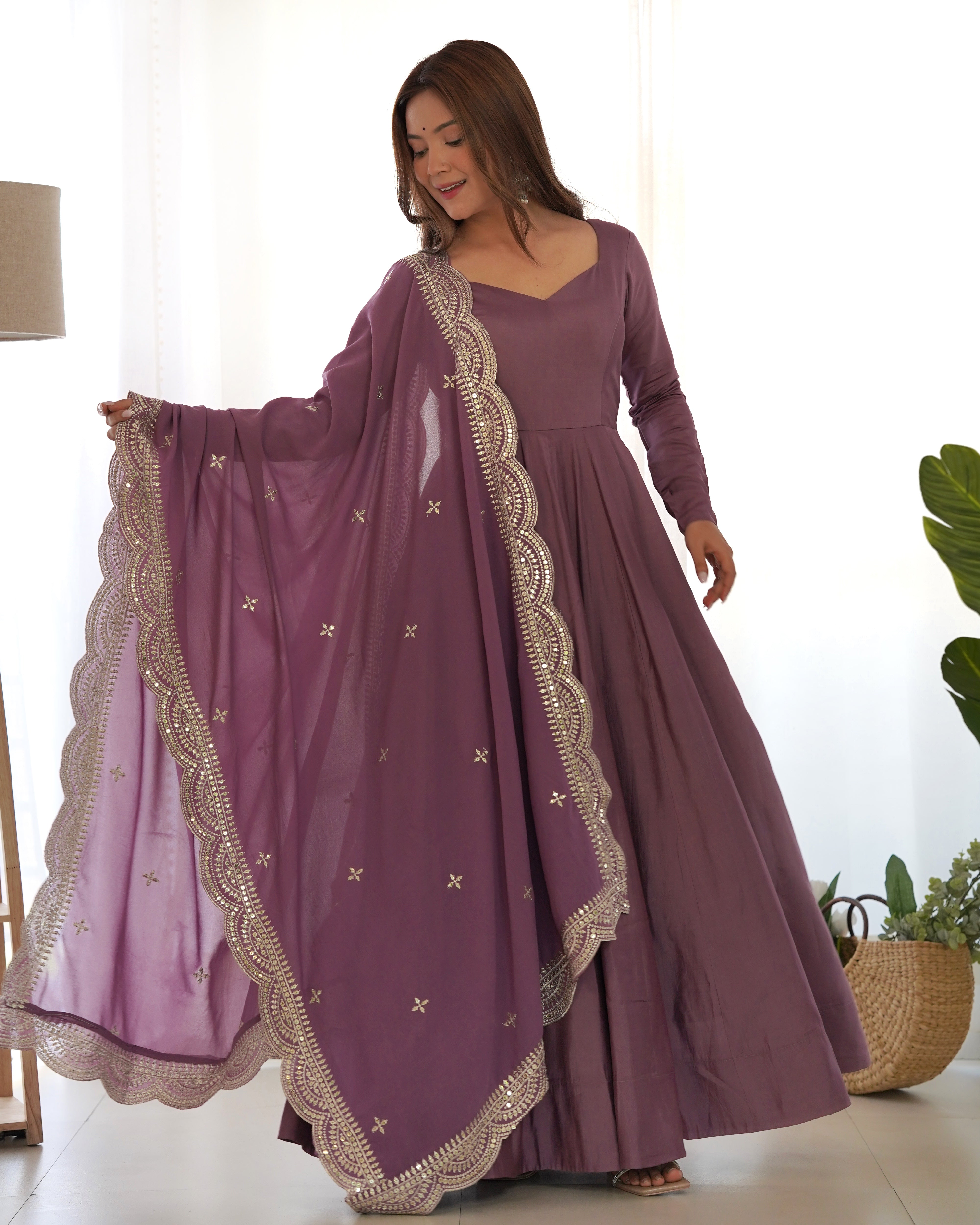 Mauve Chanderi Silk Anarkali Gown With Pant & Dupatta Set