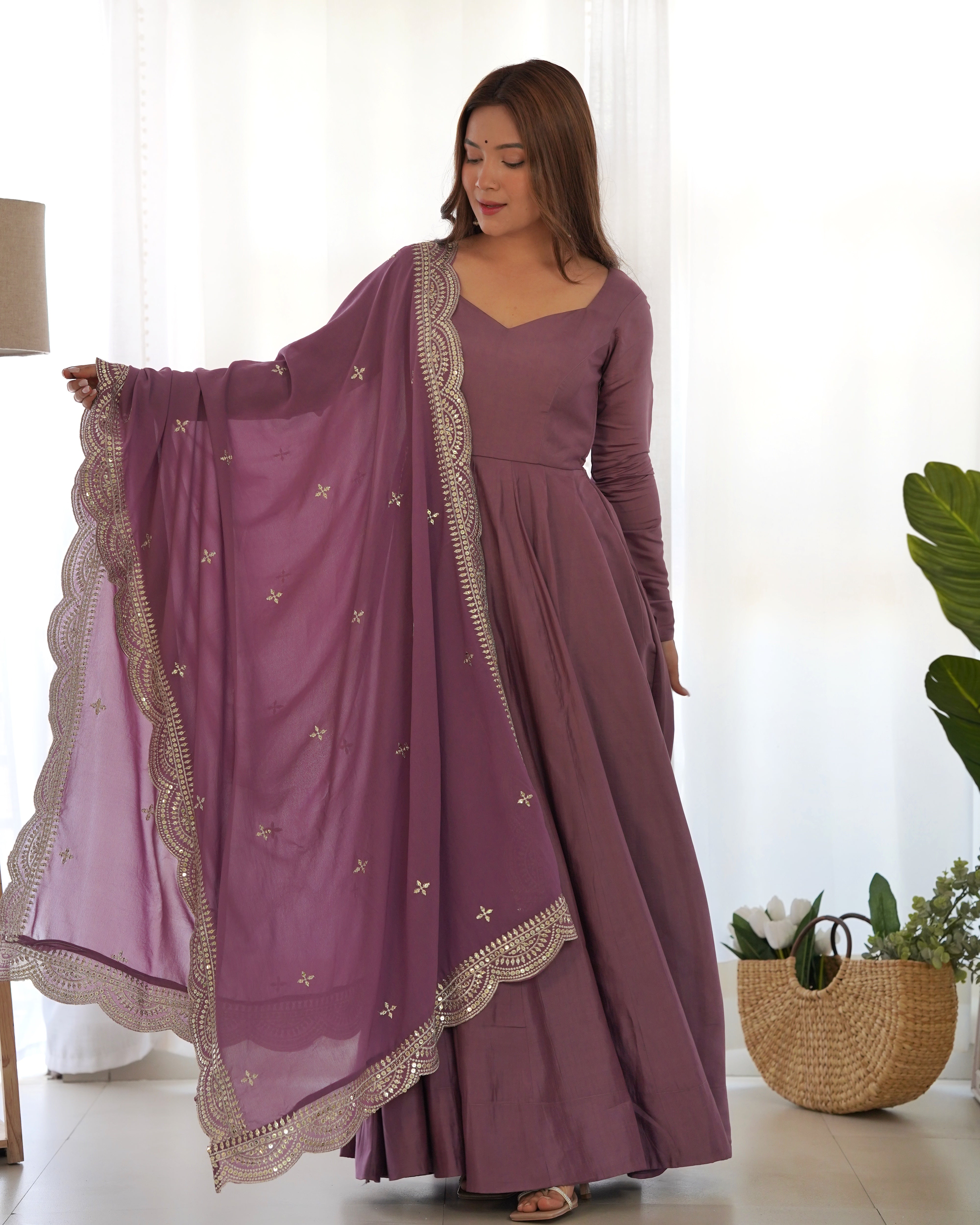 Mauve Chanderi Silk Anarkali Gown With Pant & Dupatta Set