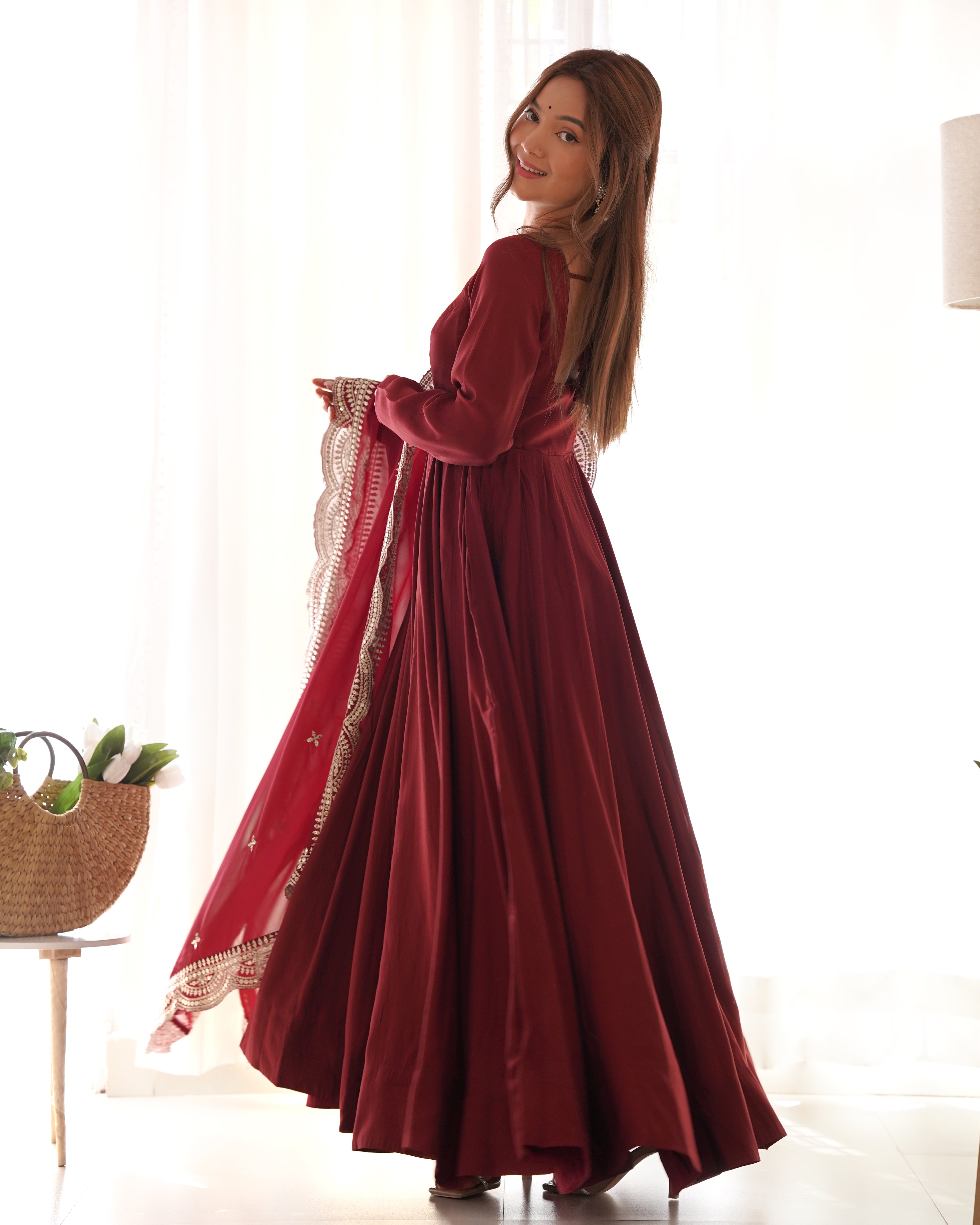 Chanderi Silk Maroon Anarkali Gown With Pant & Dupatta Set