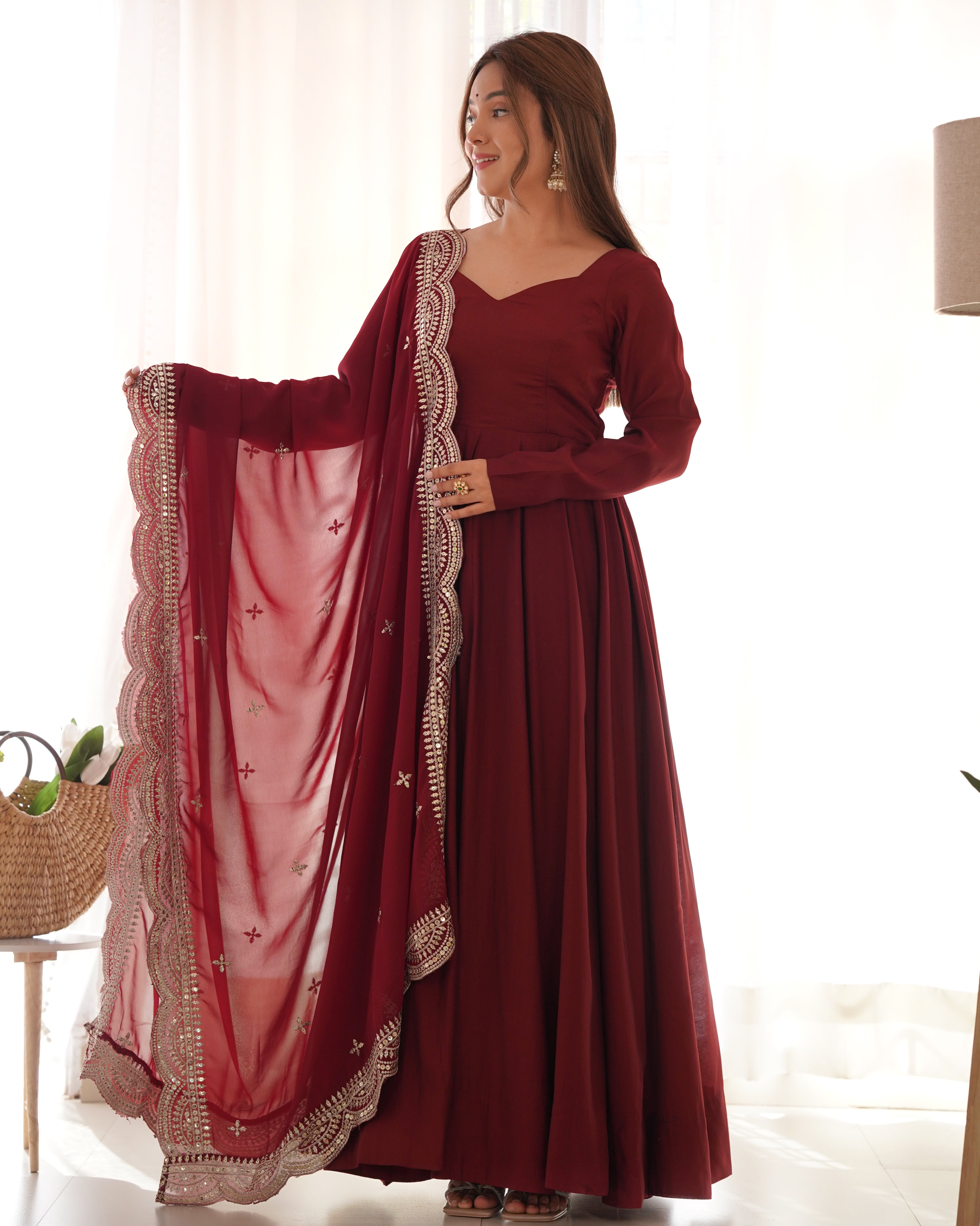 Chanderi Silk Maroon Anarkali Gown With Pant & Dupatta Set