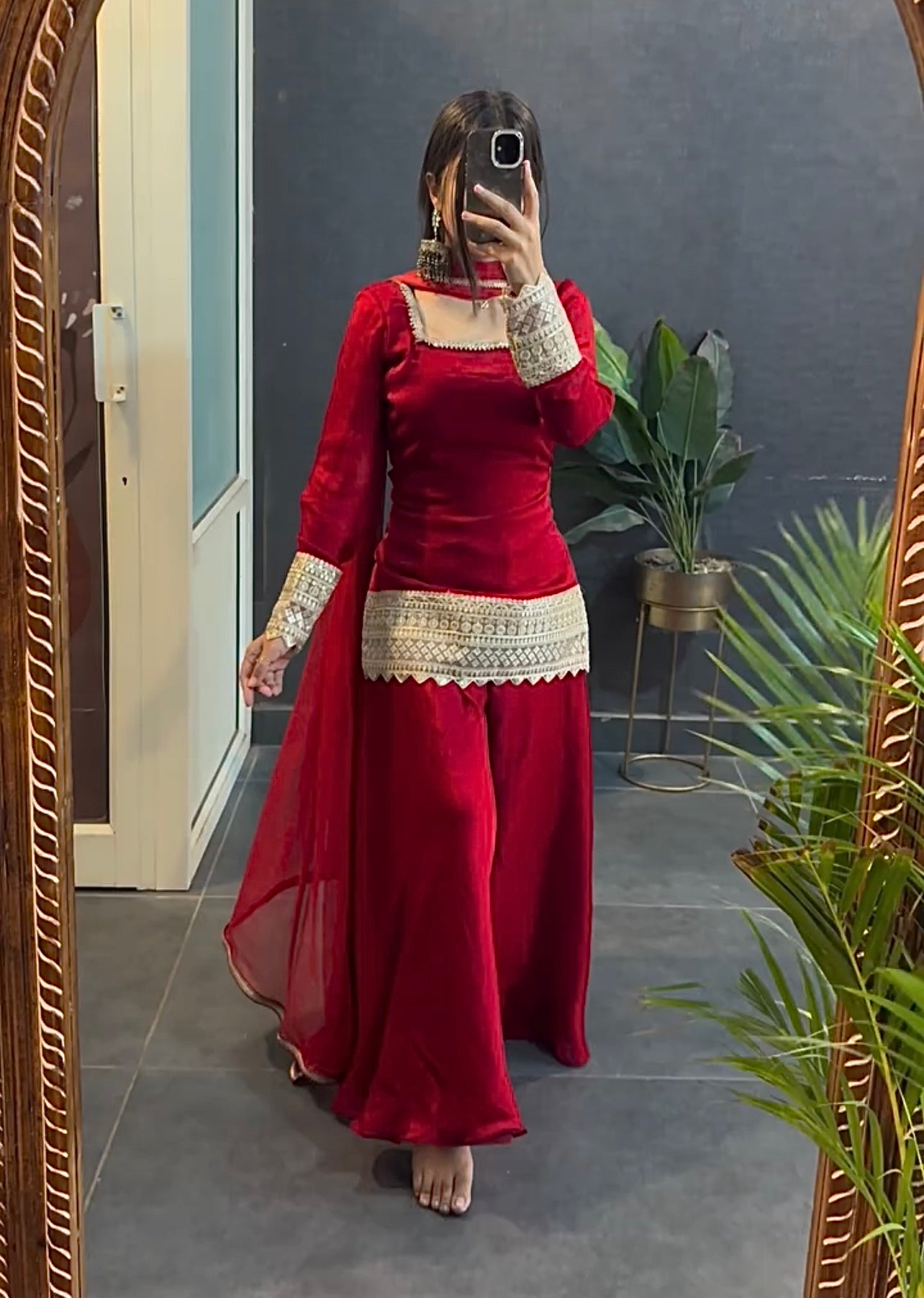 Red Garara Suit Heavy Chinnon Silk Embroidery Work Sharara Suit