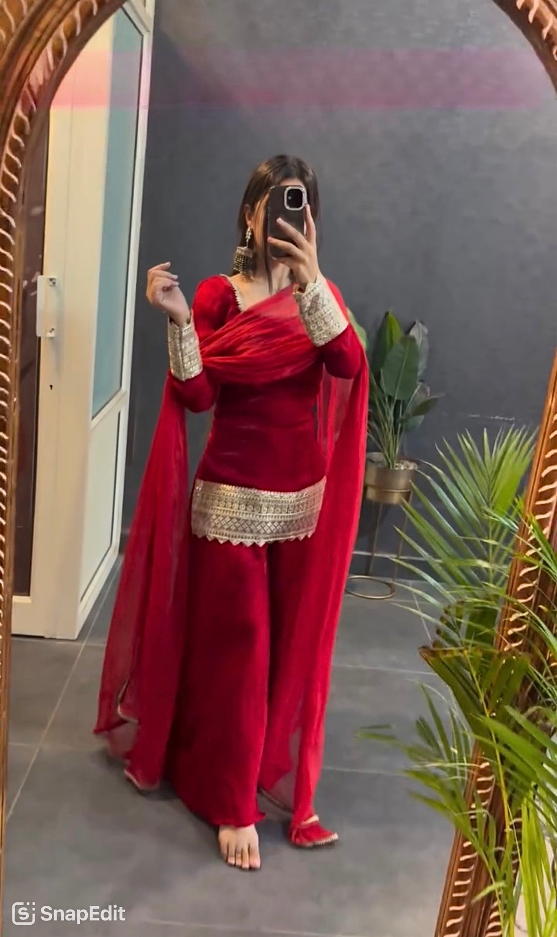 Red Garara Suit Heavy Chinnon Silk Embroidery Work Sharara Suit