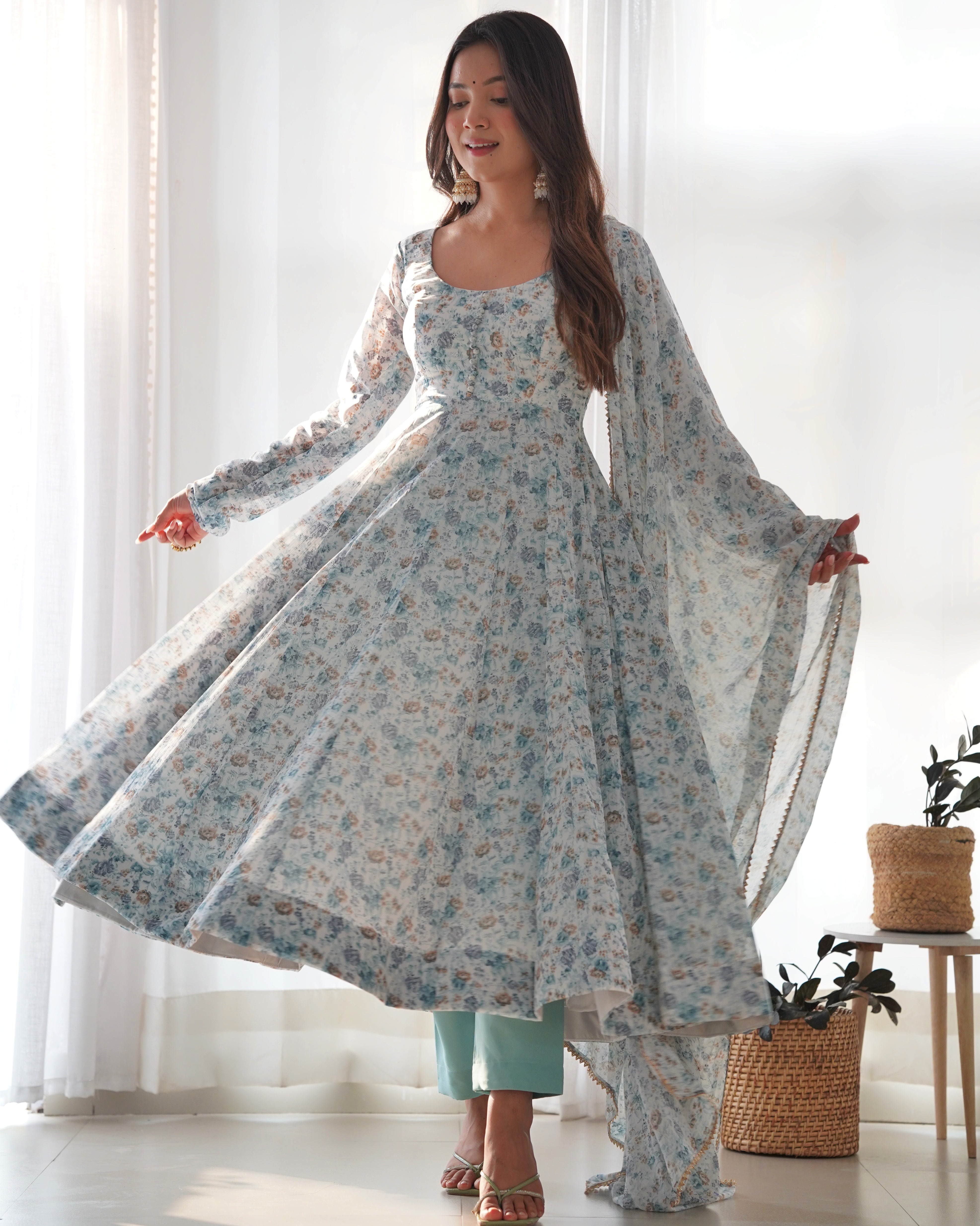 White Fulwari Organza Printed Anarkali Kurti With Pant & Dupatta Set