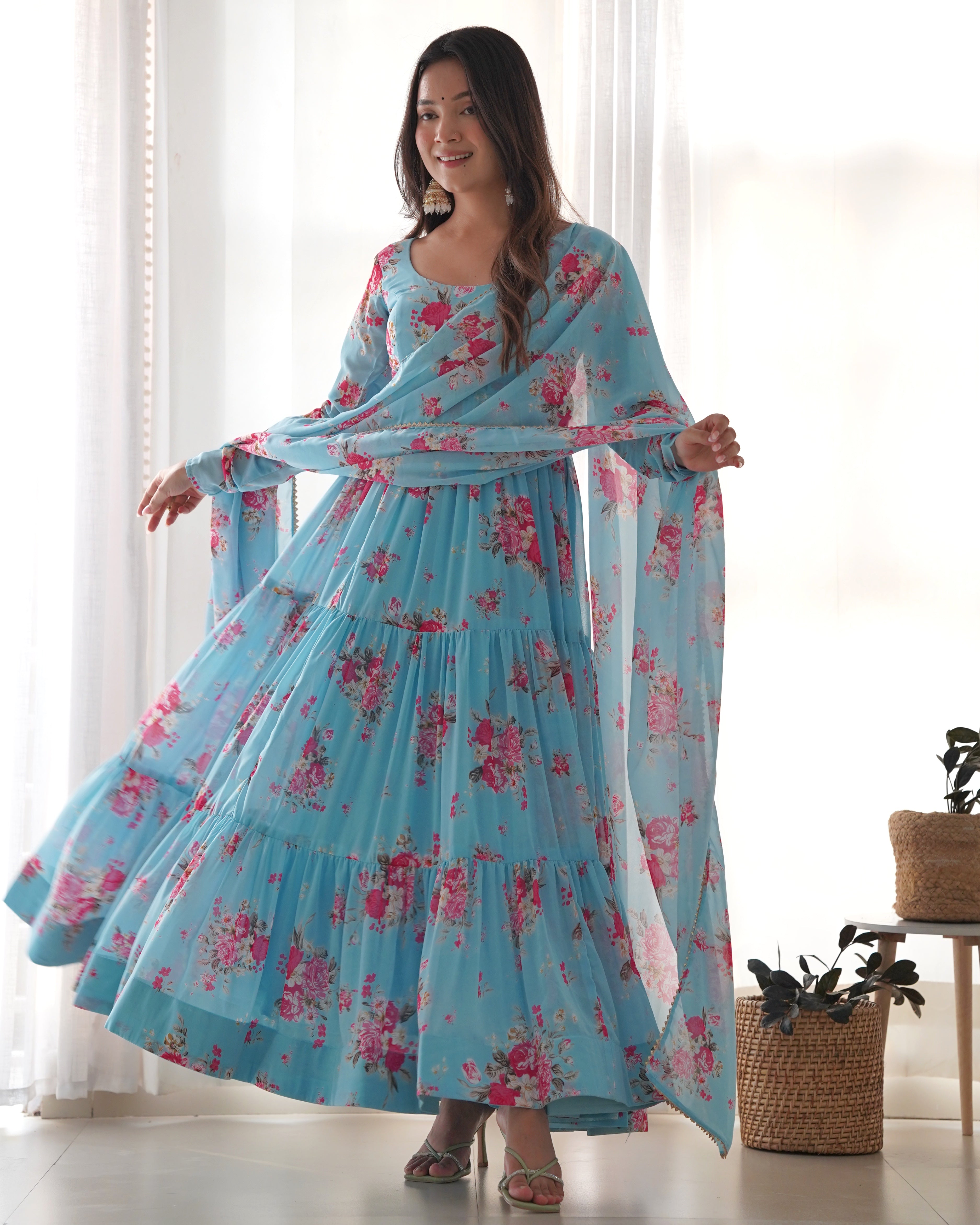 *PURE SOFT FOX GEORGETTE FLORAL PRINT FABRIC FULLY FLAIR ANARKALI,WITH DUPPTA SET,PENT READY TO WEAR*