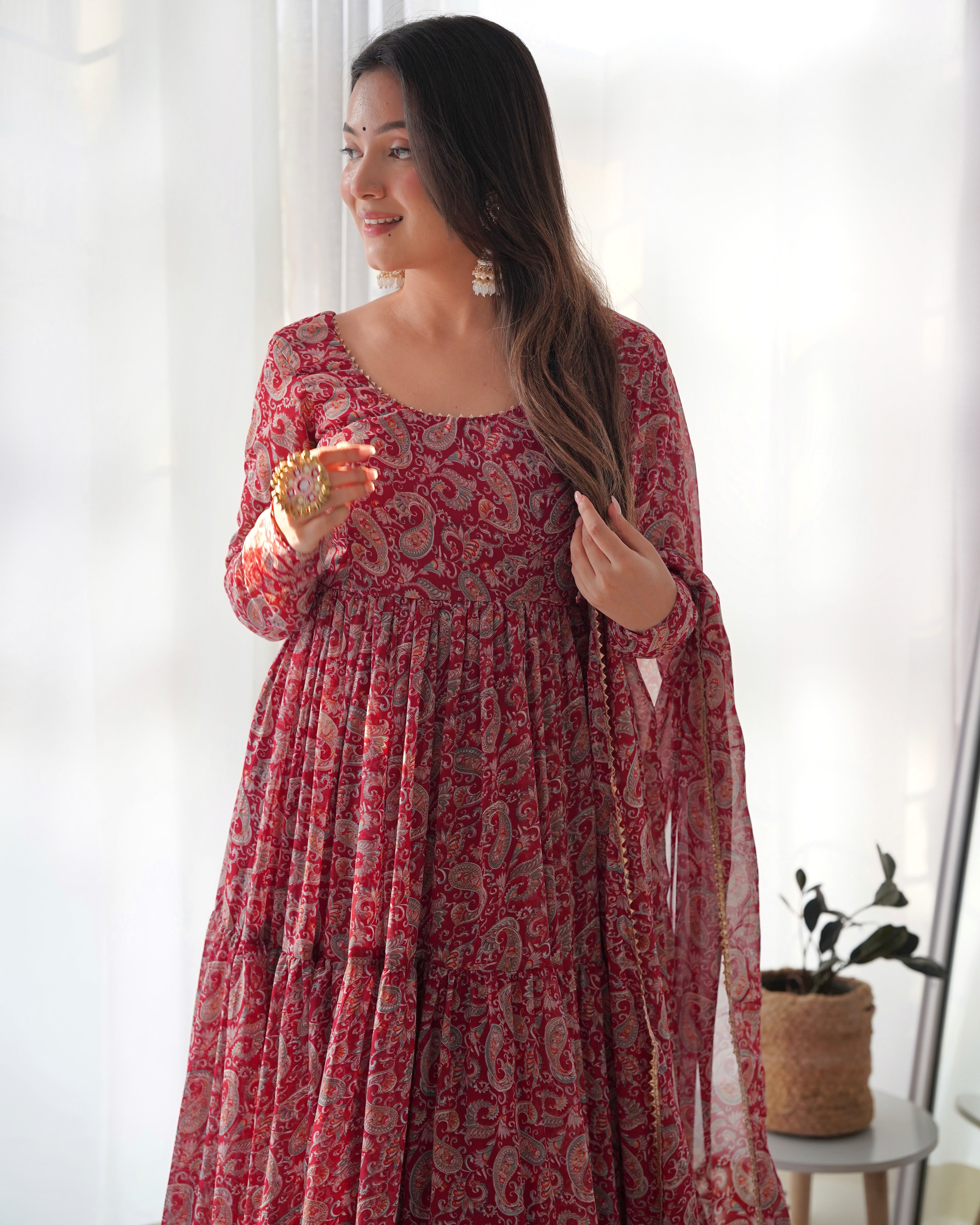 Layered Maroon Printed Anarkali Gown With Pant & Dupatta Set