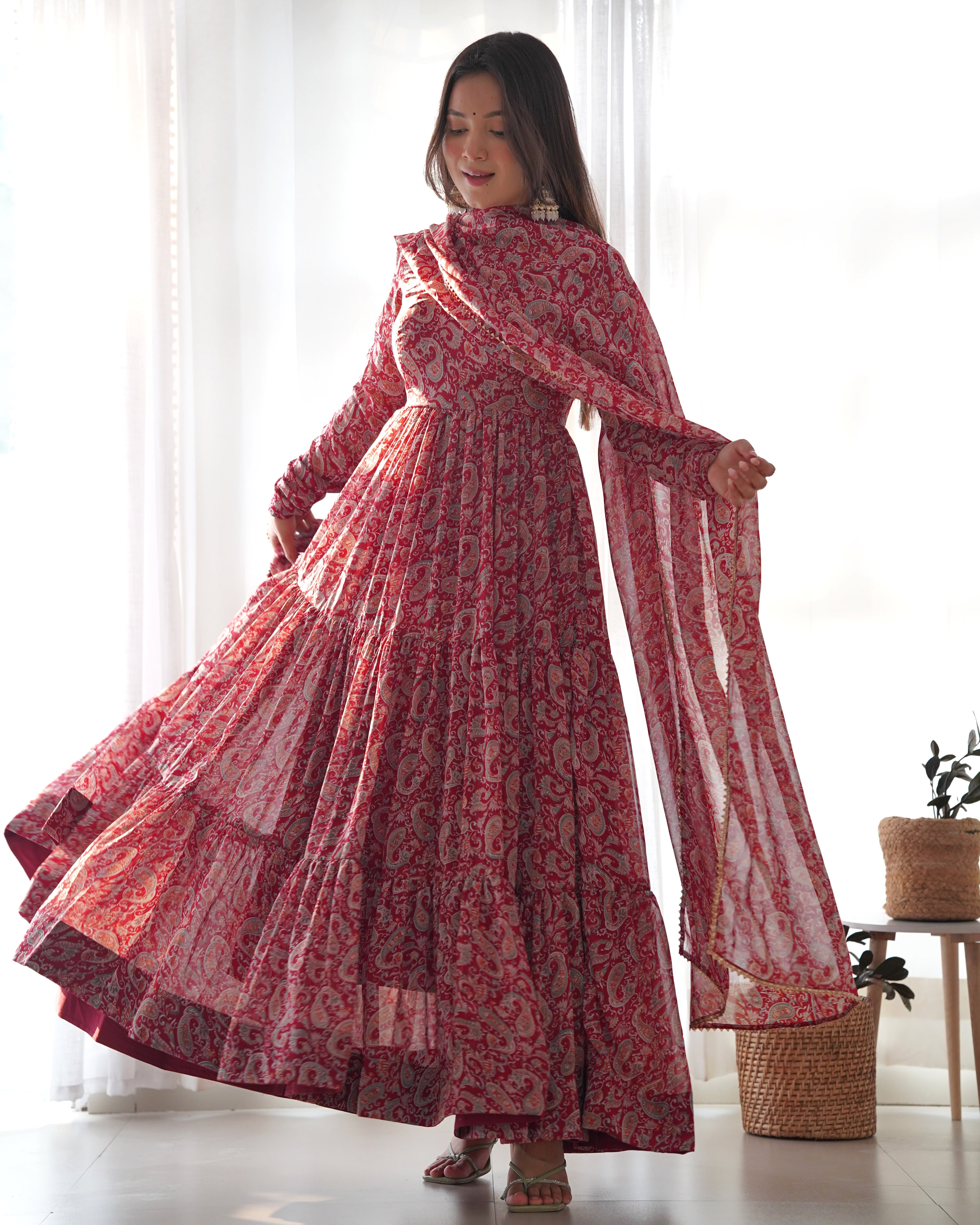 Layered Maroon Printed Anarkali Gown With Pant & Dupatta Set