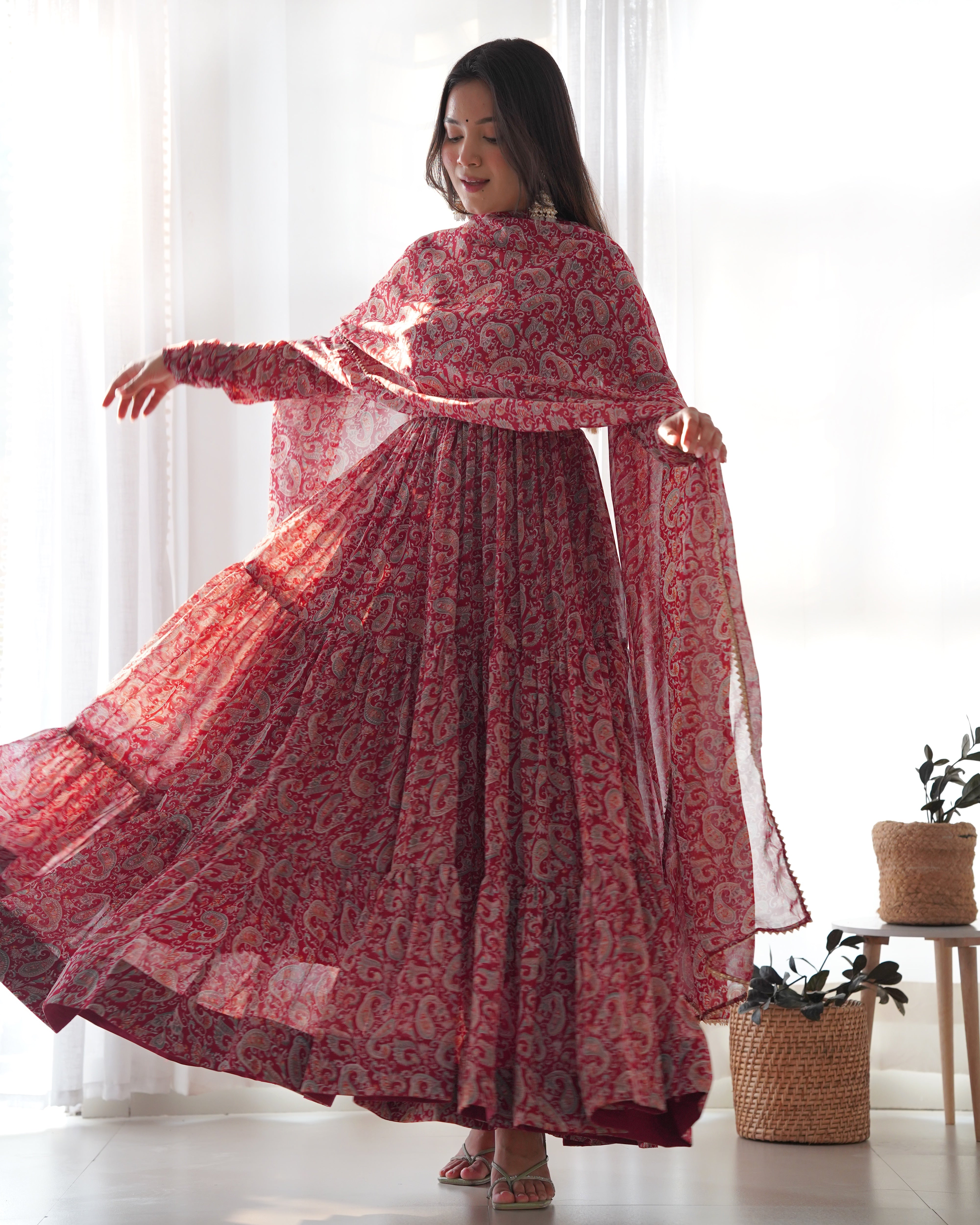 Layered Maroon Printed Anarkali Gown With Pant & Dupatta Set