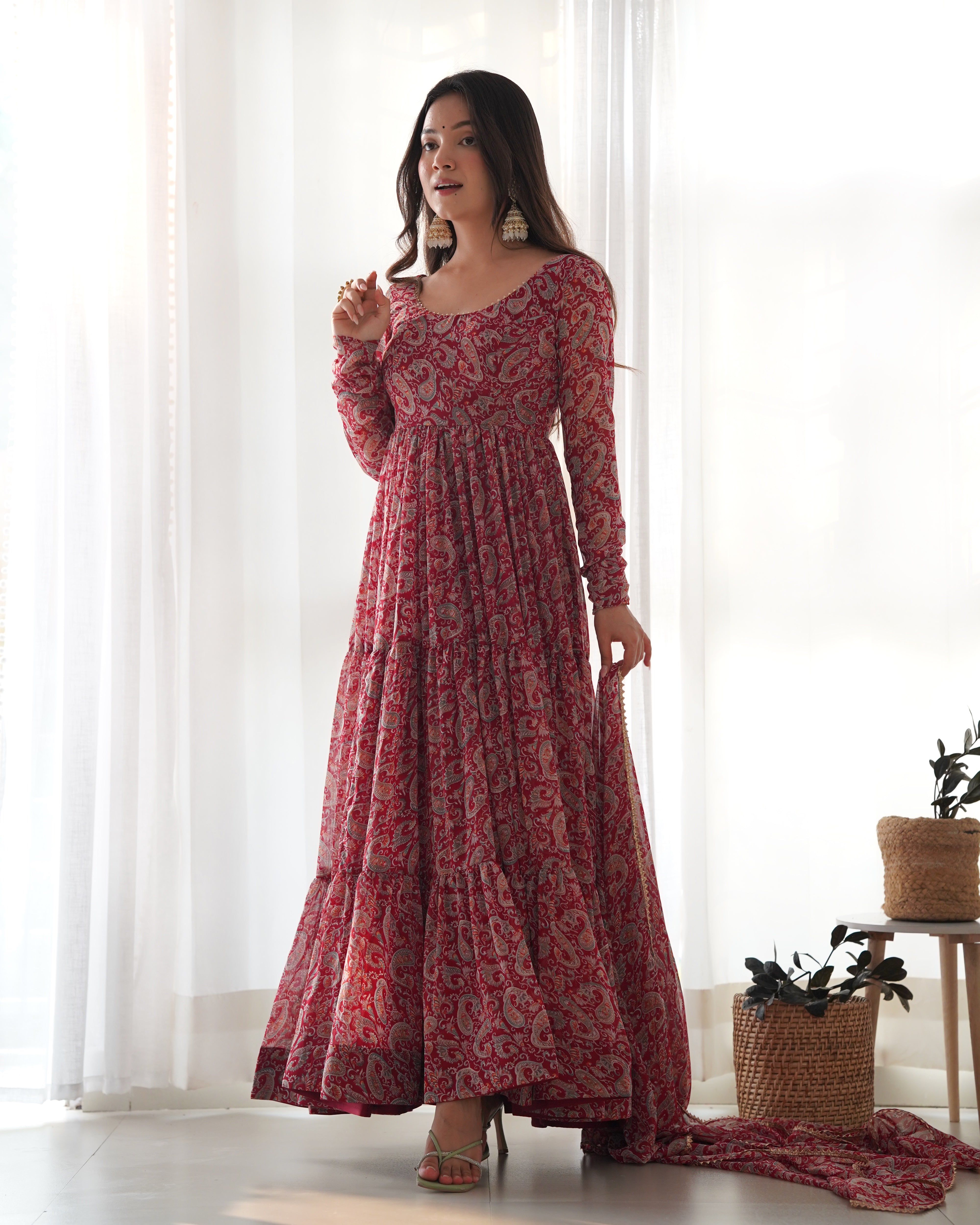 Layered Maroon Printed Anarkali Gown With Pant & Dupatta Set