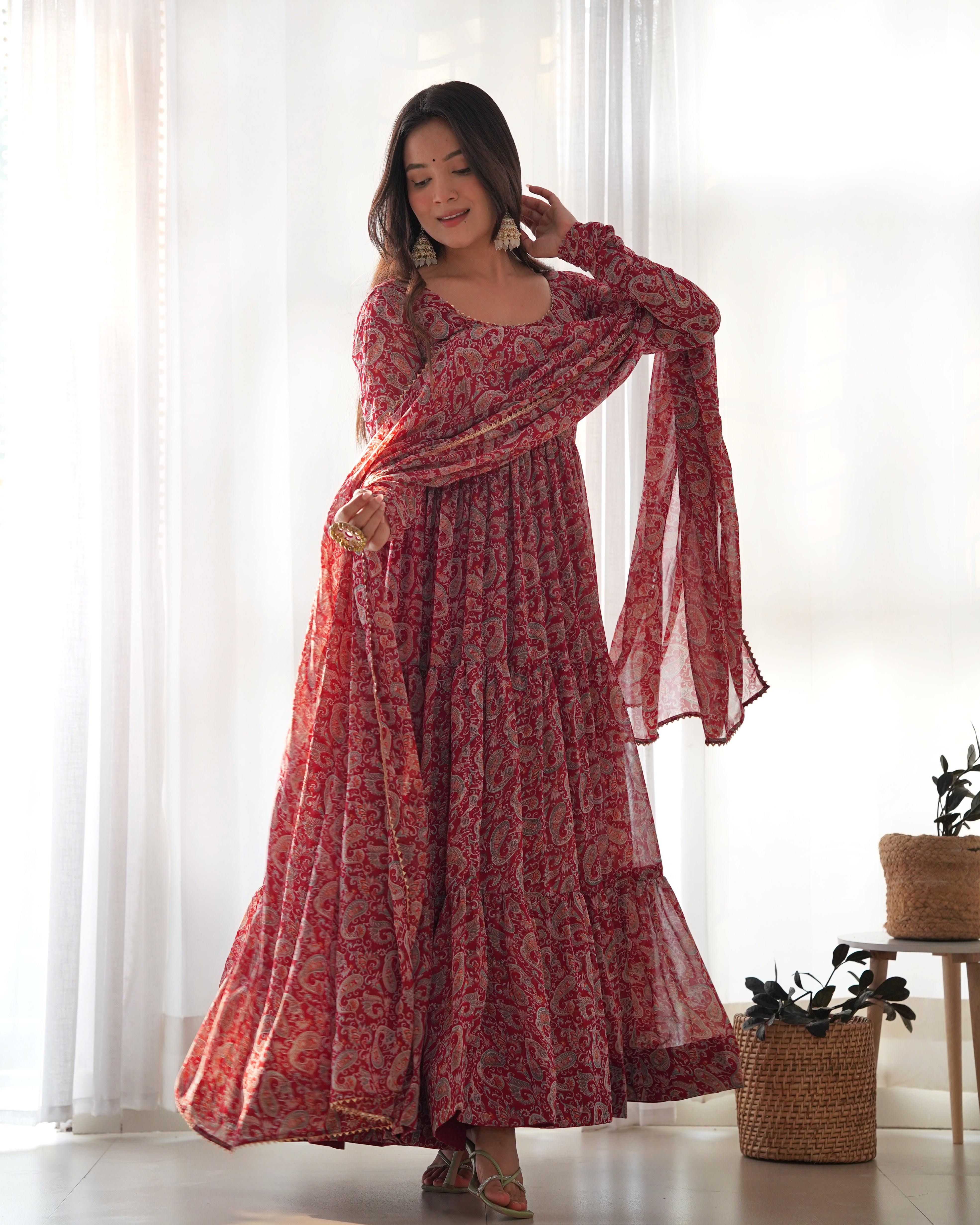 Layered Maroon Printed Anarkali Gown With Pant & Dupatta Set