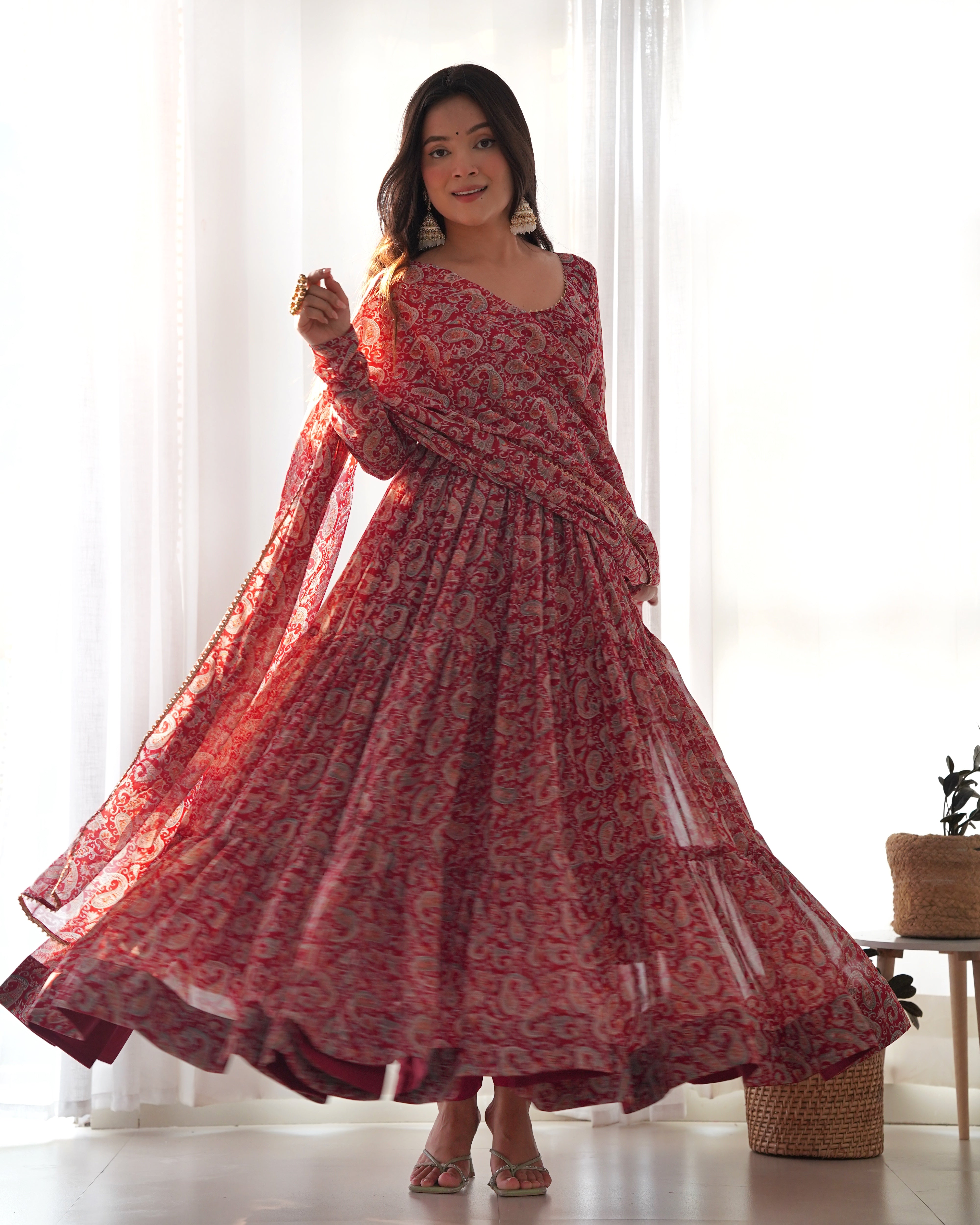 Layered Maroon Printed Anarkali Gown With Pant & Dupatta Set