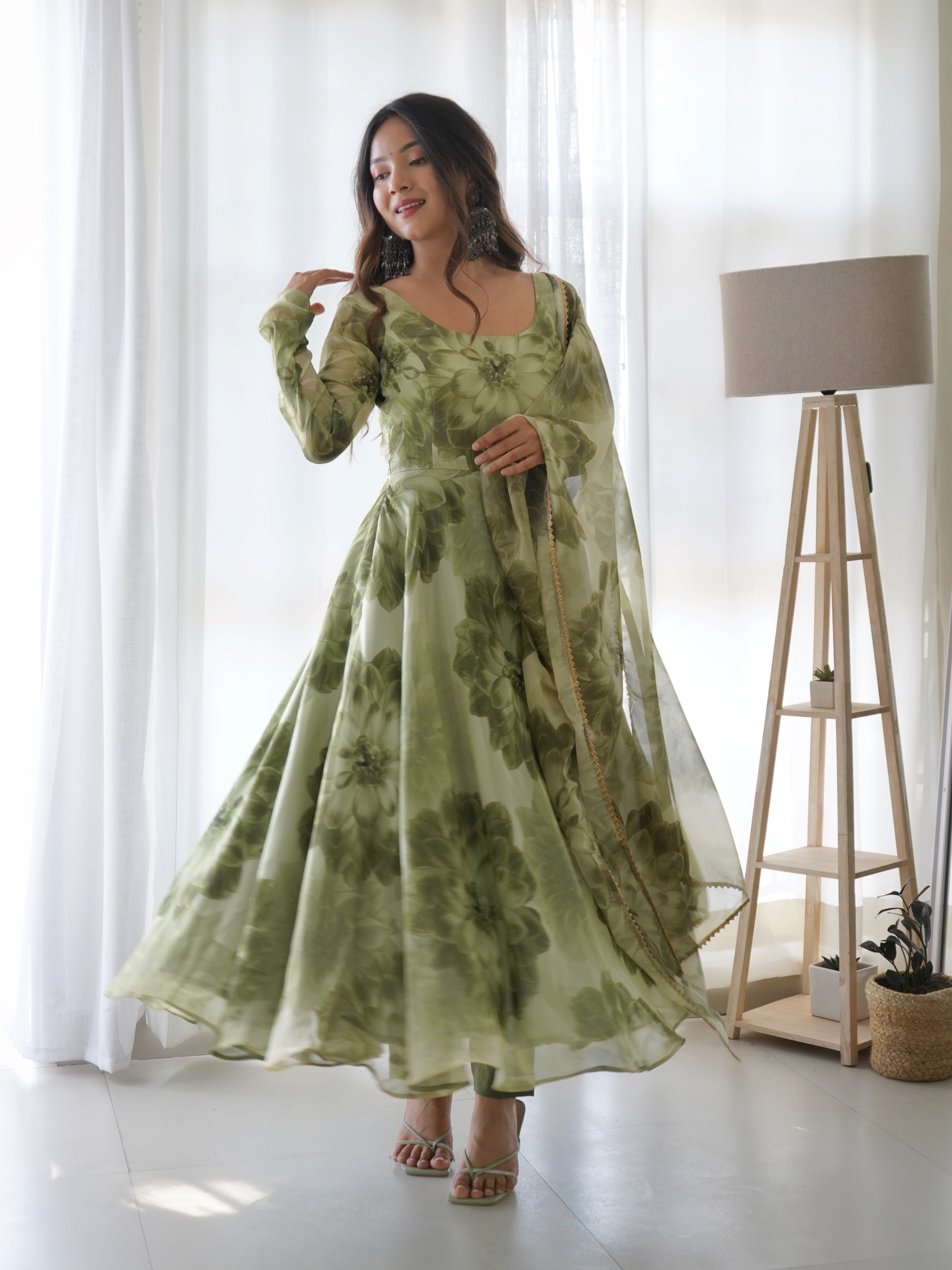 Flower Green Printed Anarkali Gown With Pant & Dupatta Set