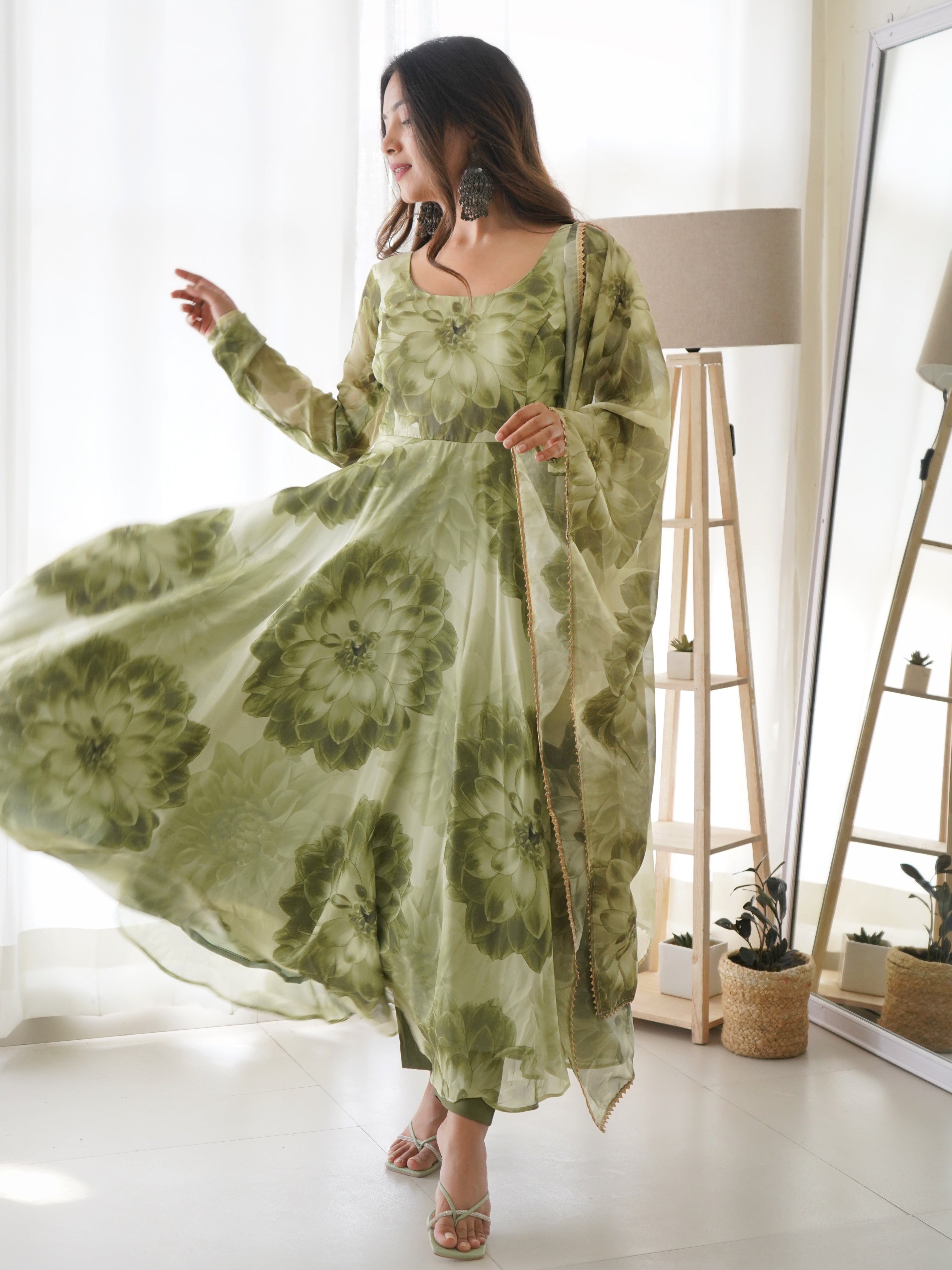 Flower Green Printed Anarkali Gown With Pant & Dupatta Set