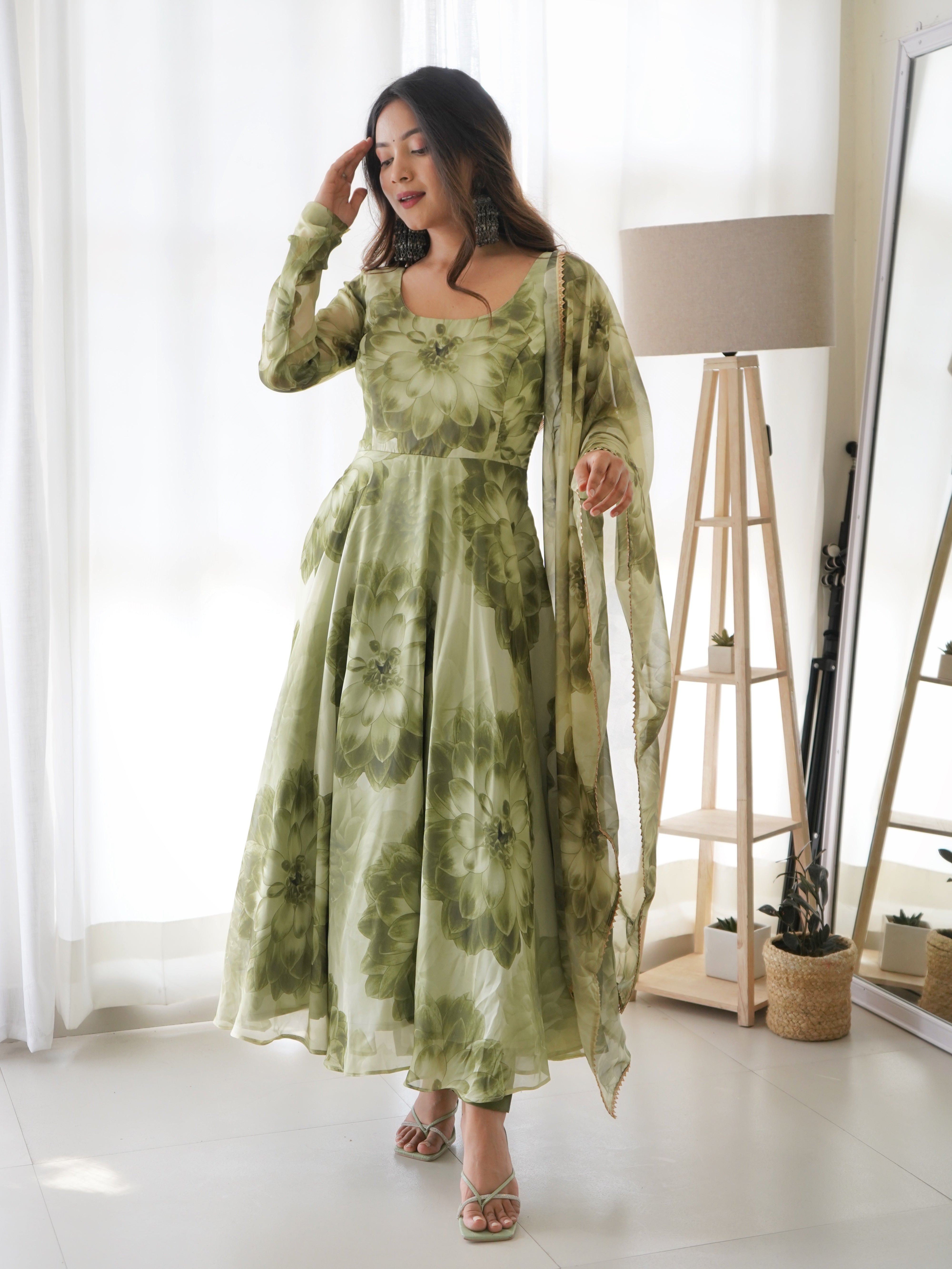 Flower Green Printed Anarkali Gown With Pant & Dupatta Set