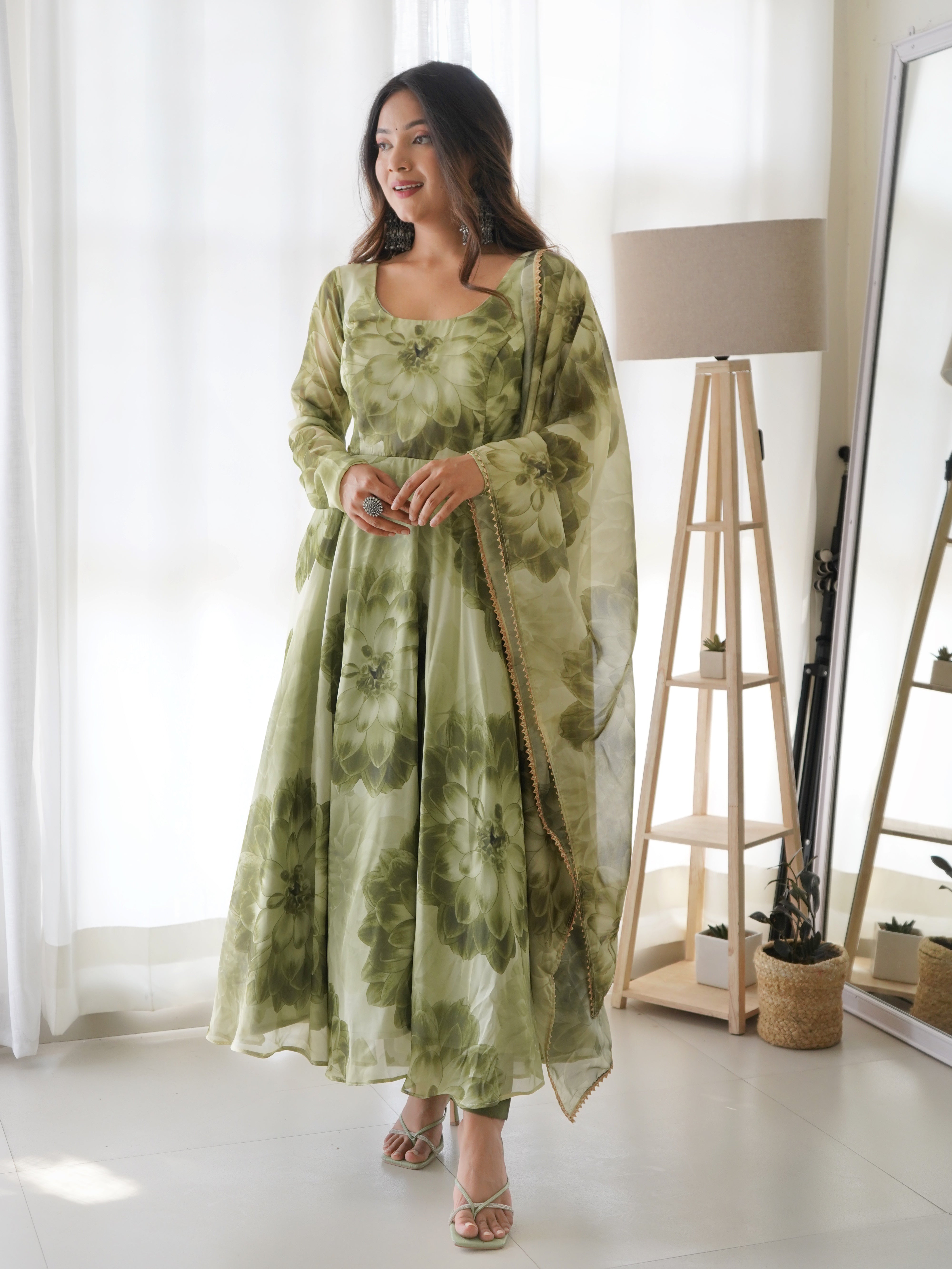 Flower Green Printed Anarkali Gown With Pant & Dupatta Set