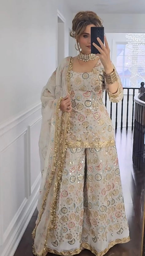 White Special Presenting New Designer LongTop Sharara Plazzo Dupatta Suit Set