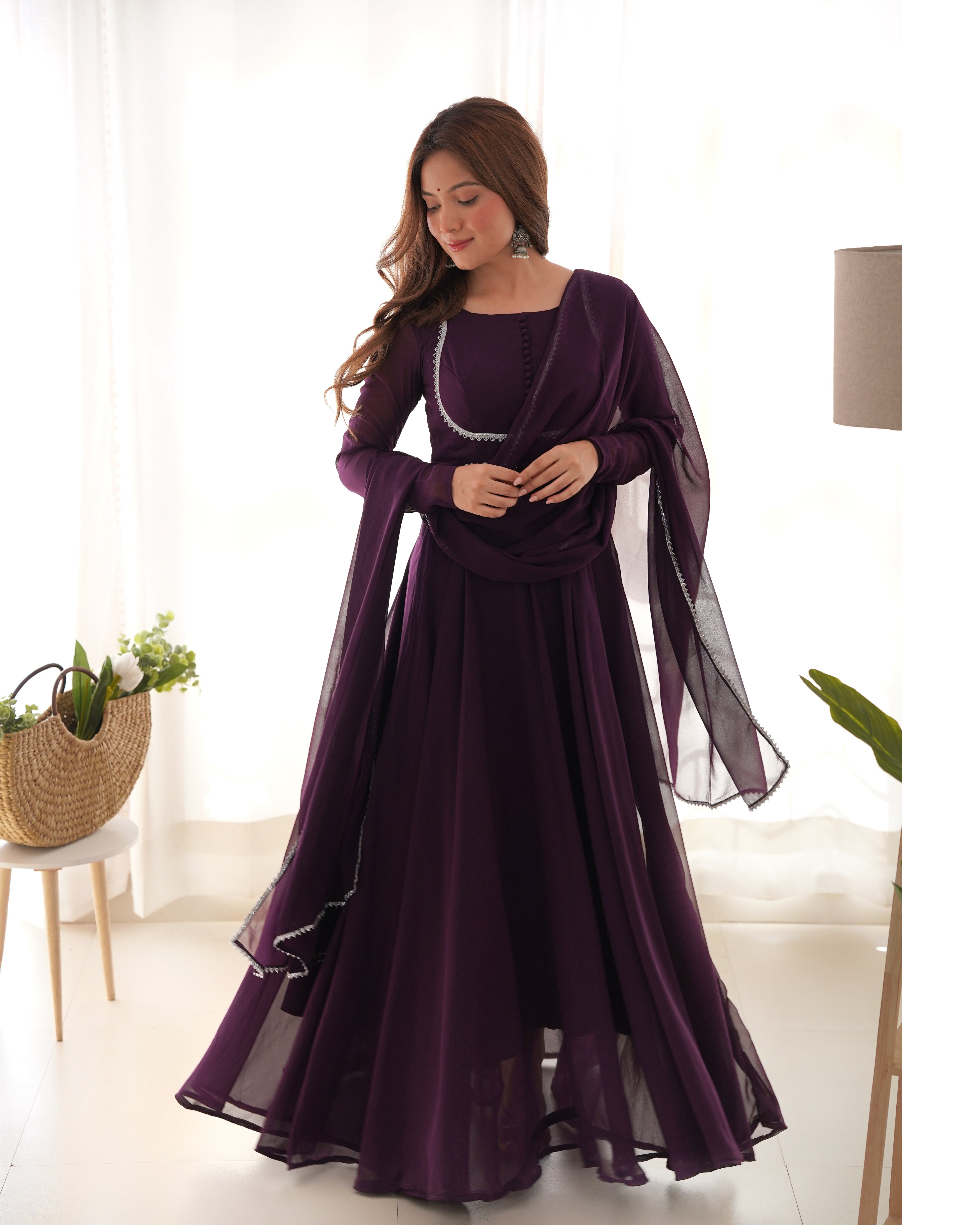 Wine Georgette Anarkali Kurti With Pant Dupatta Set