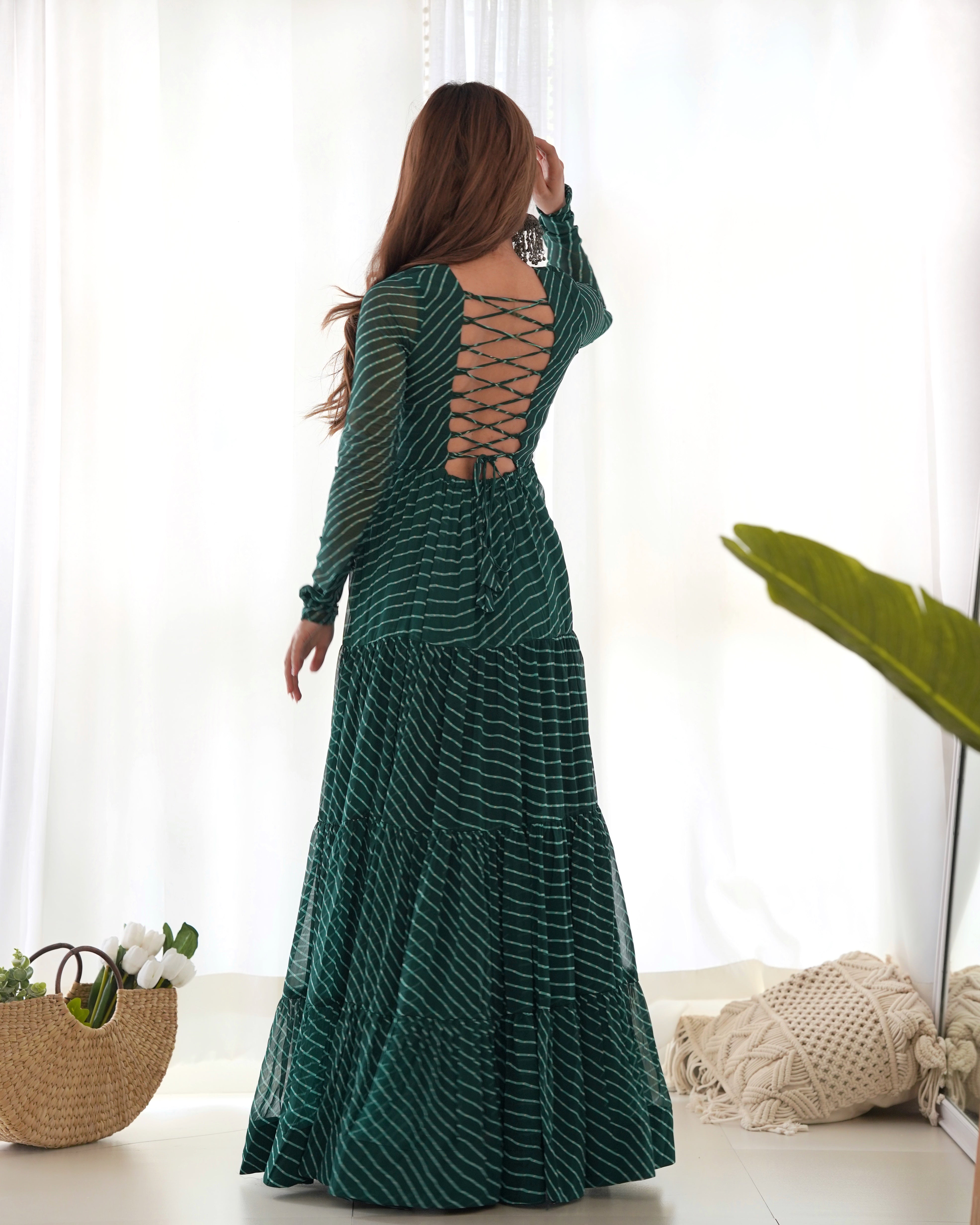 Layered Bottle Green Embroidered & Printed Anarkali Gown