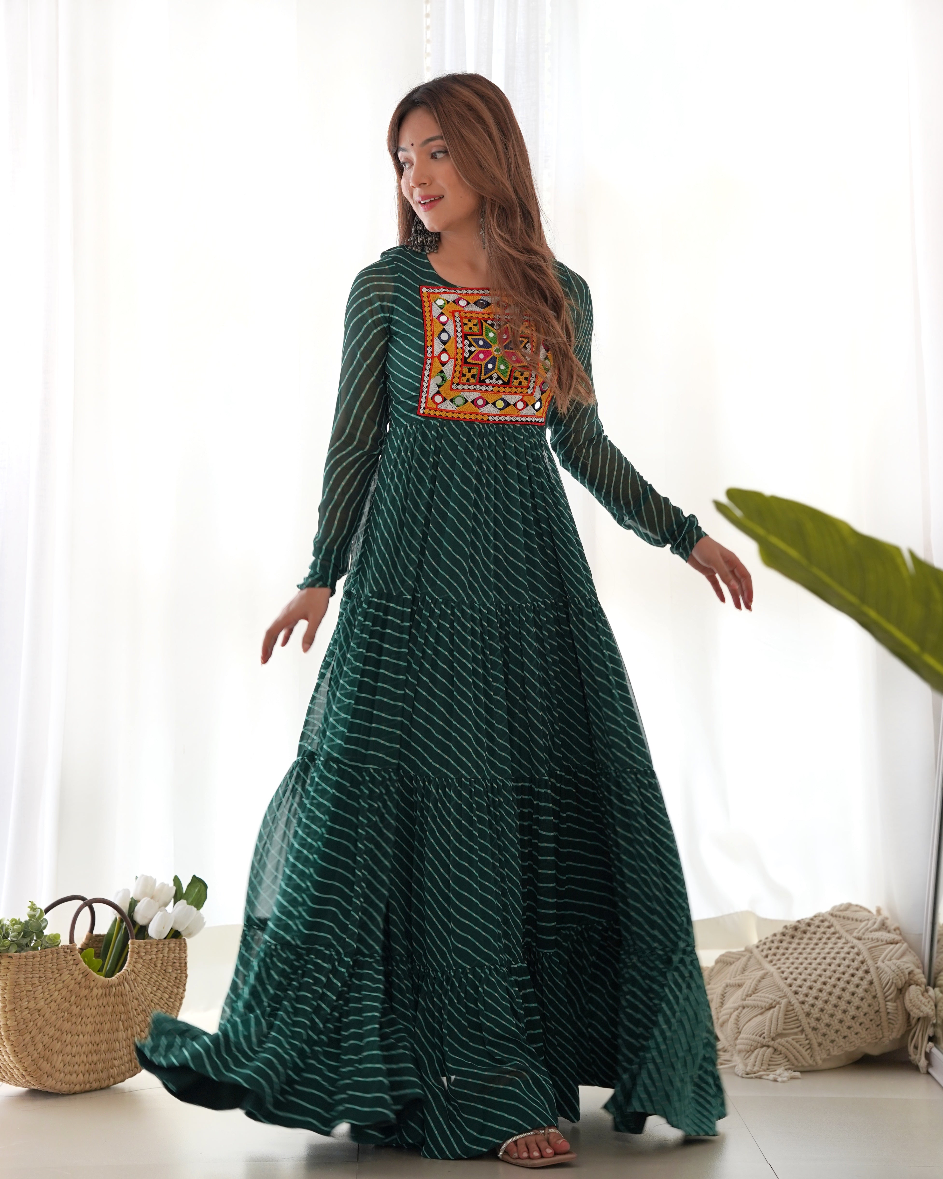 Layered Bottle Green Embroidered & Printed Anarkali Gown