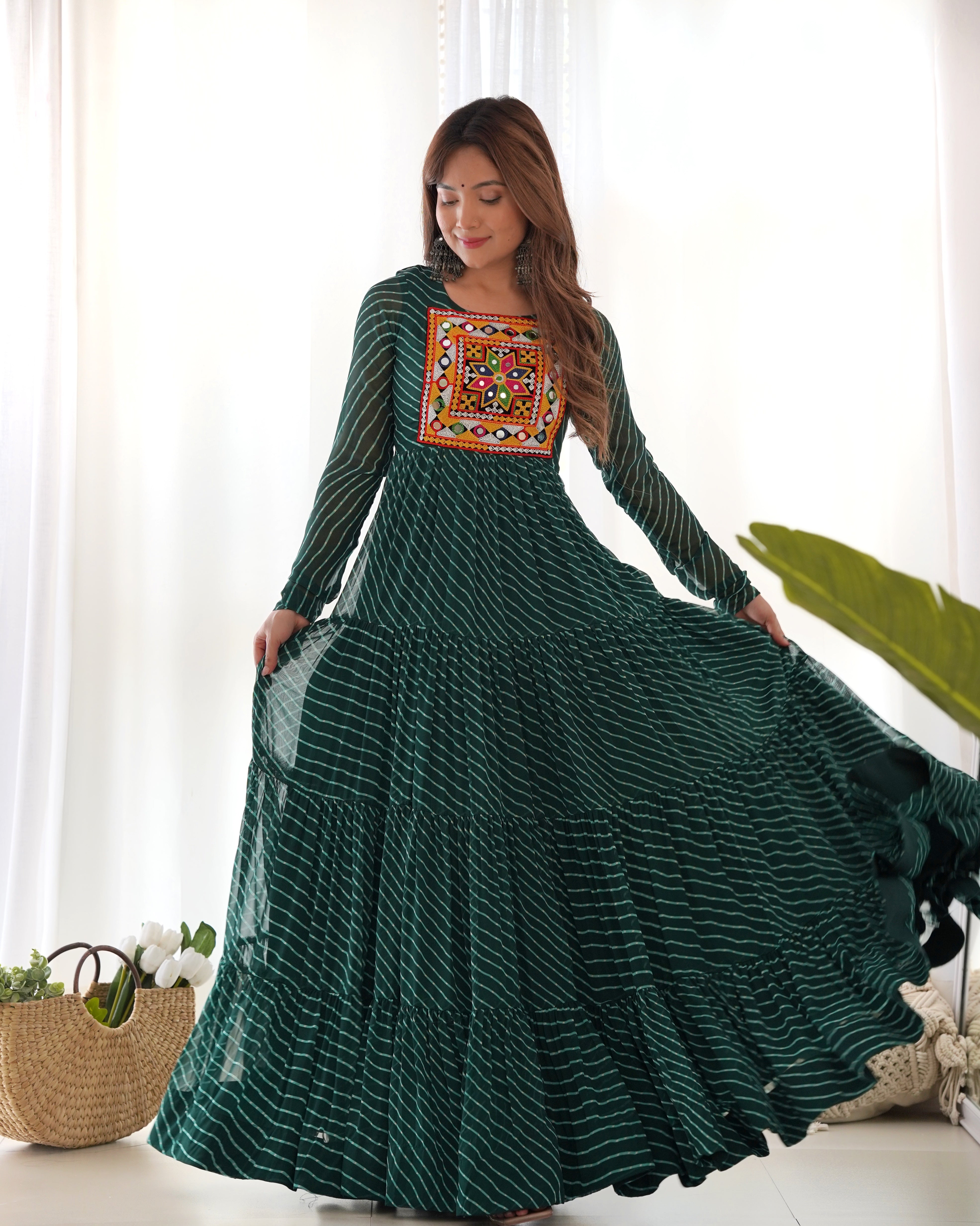 Layered Bottle Green Embroidered & Printed Anarkali Gown