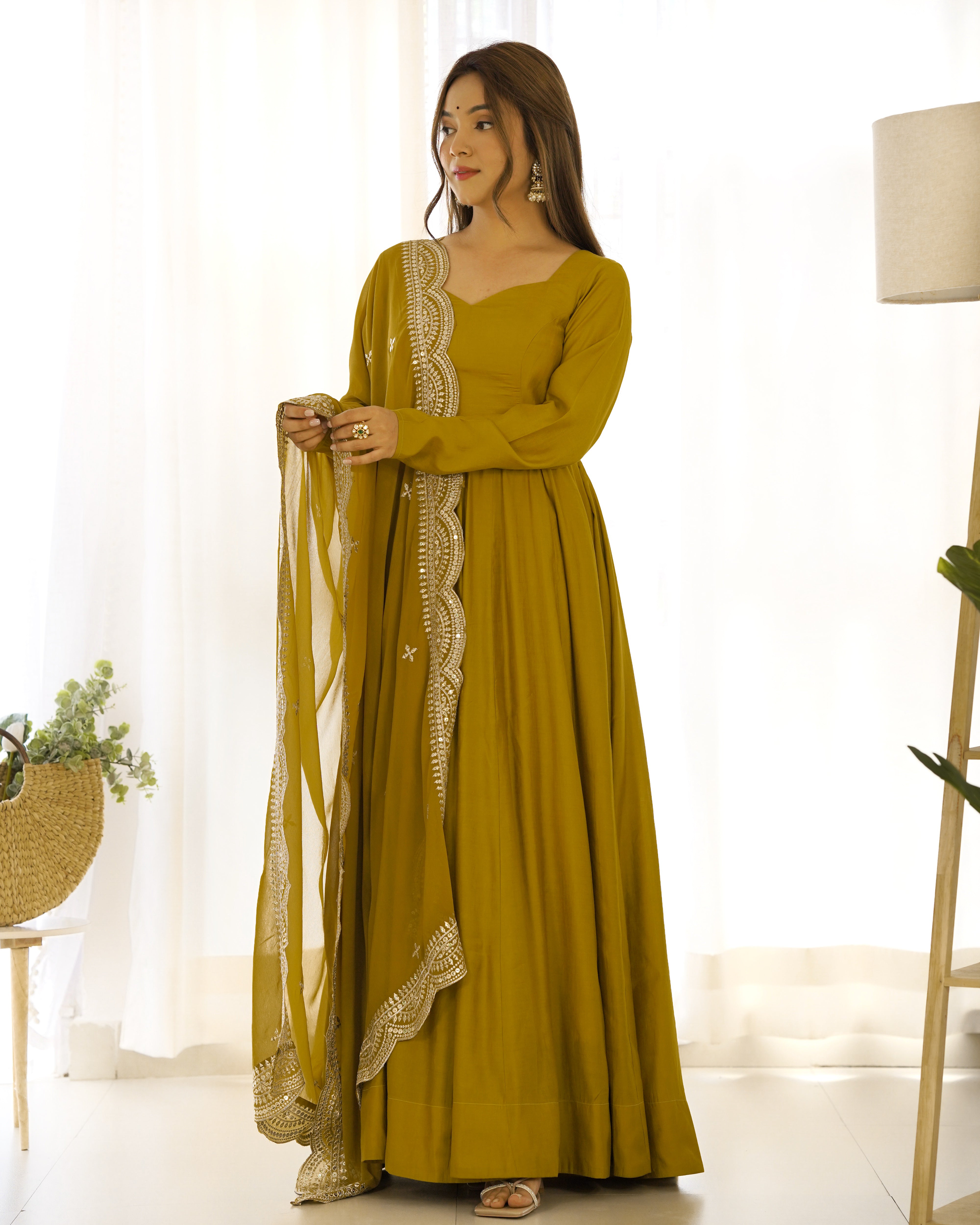 Mustard Chanderi Silk Anarkali Gown With Pant & Dupatta Set