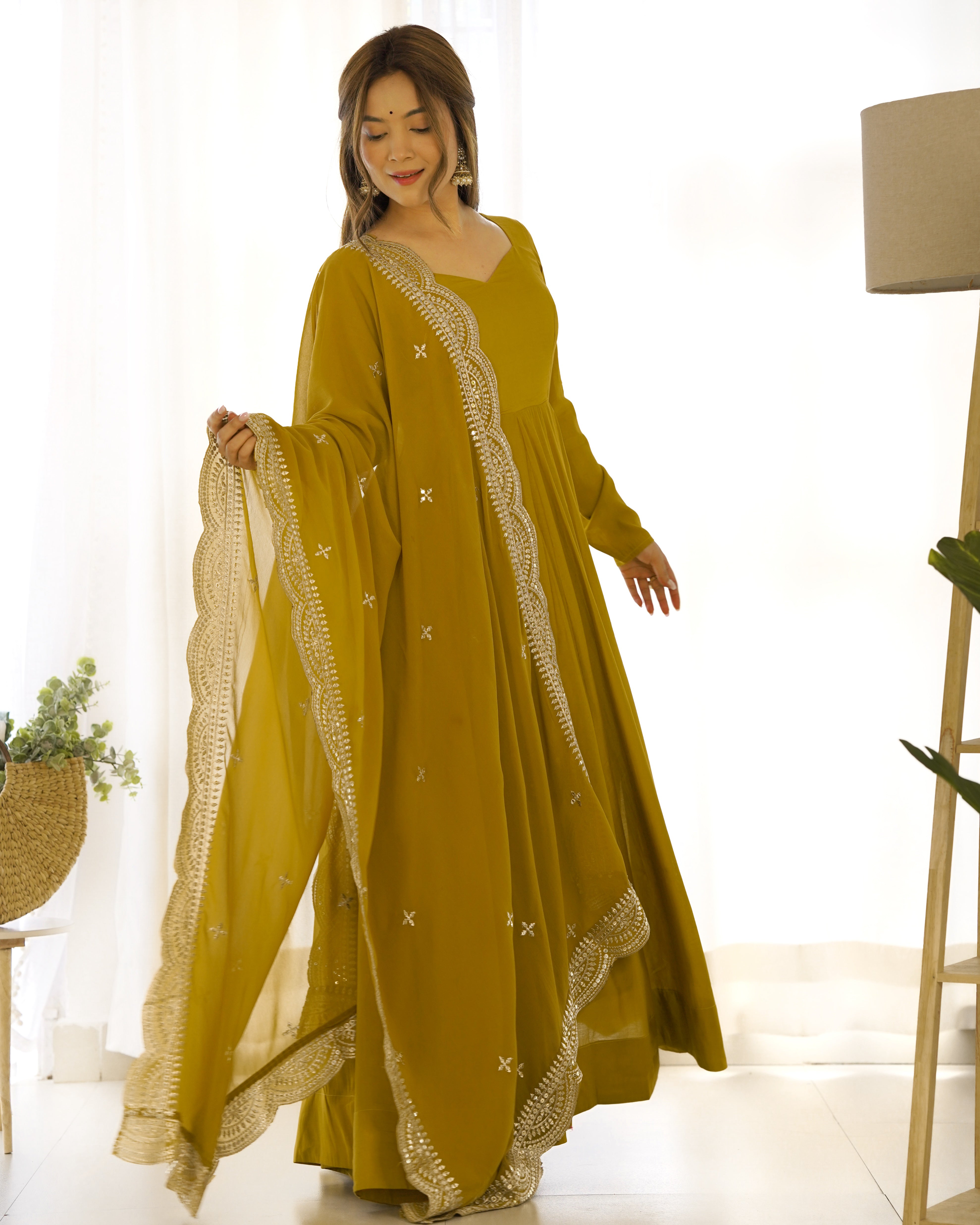 Mustard Chanderi Silk Anarkali Gown With Pant & Dupatta Set