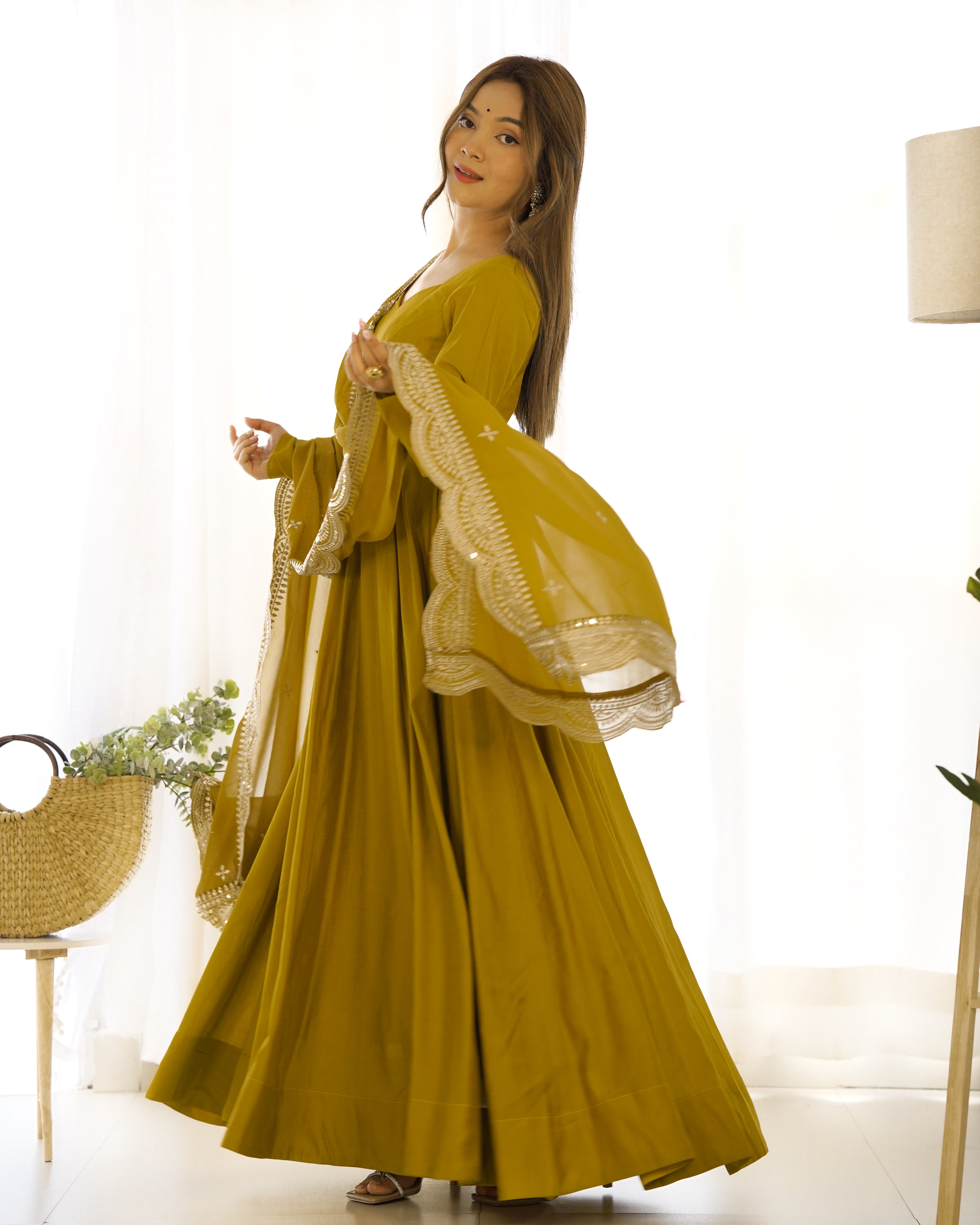 Mustard Chanderi Silk Anarkali Gown With Pant & Dupatta Set