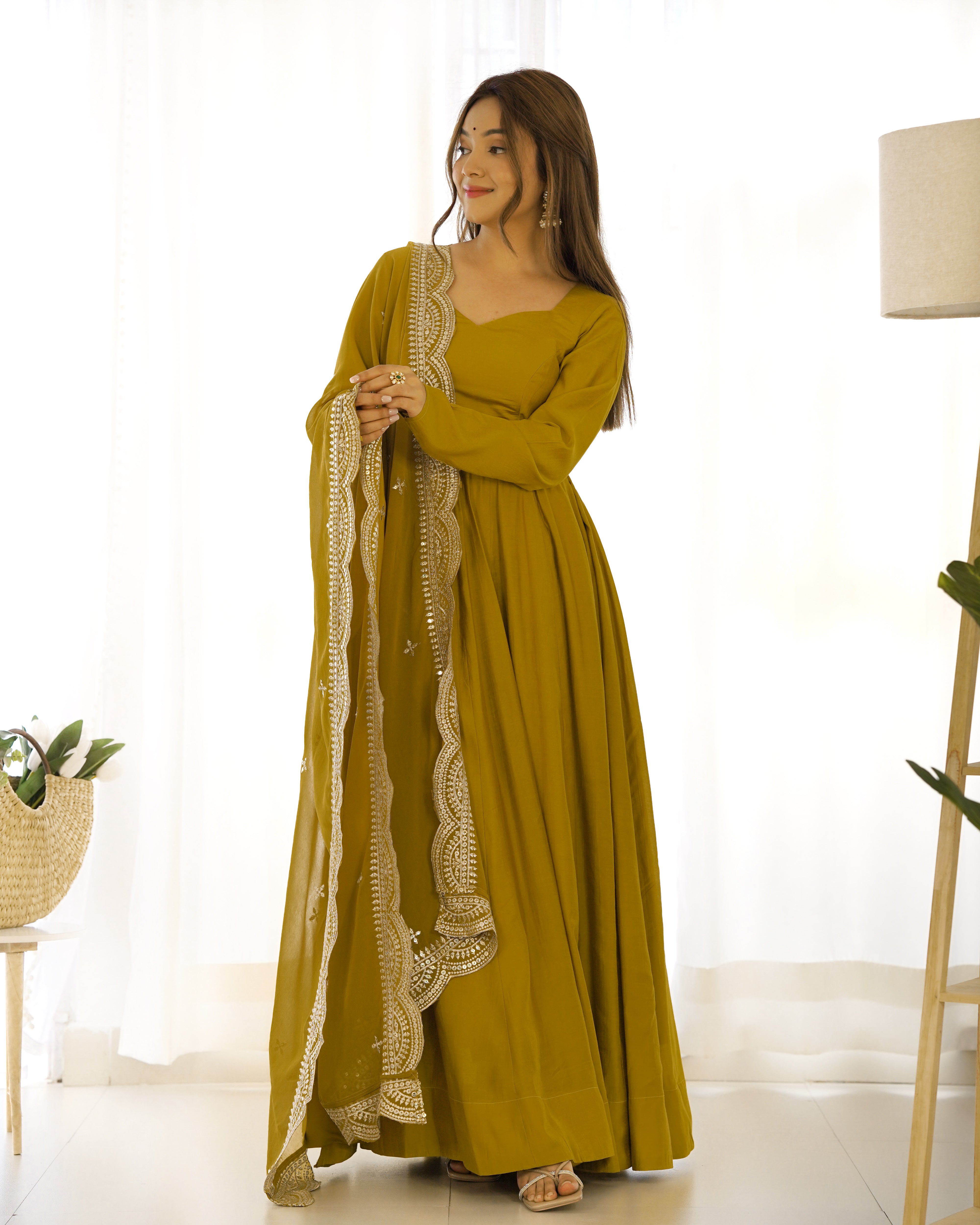 Mustard Chanderi Silk Anarkali Gown With Pant & Dupatta Set