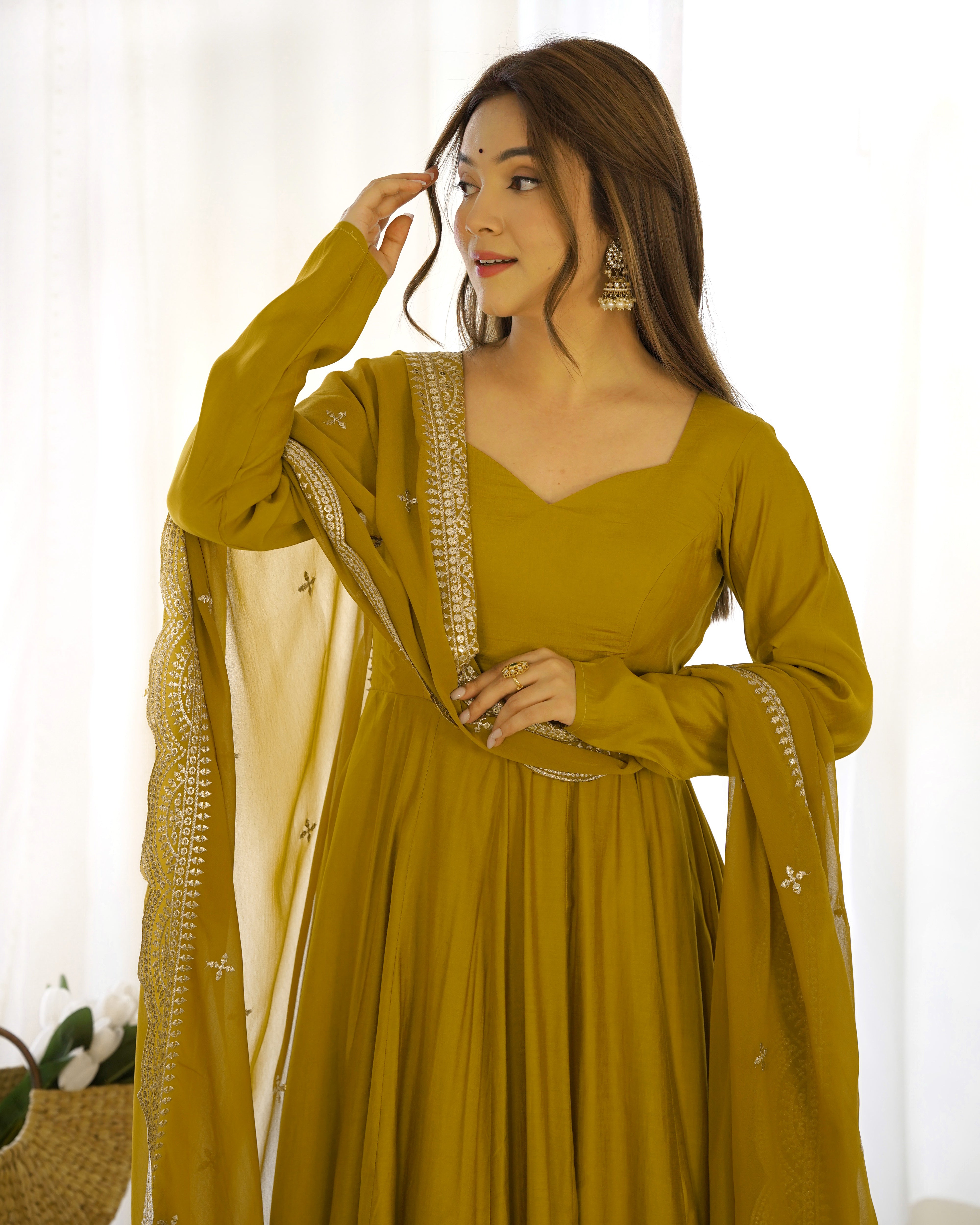 Mustard Chanderi Silk Anarkali Gown With Pant & Dupatta Set