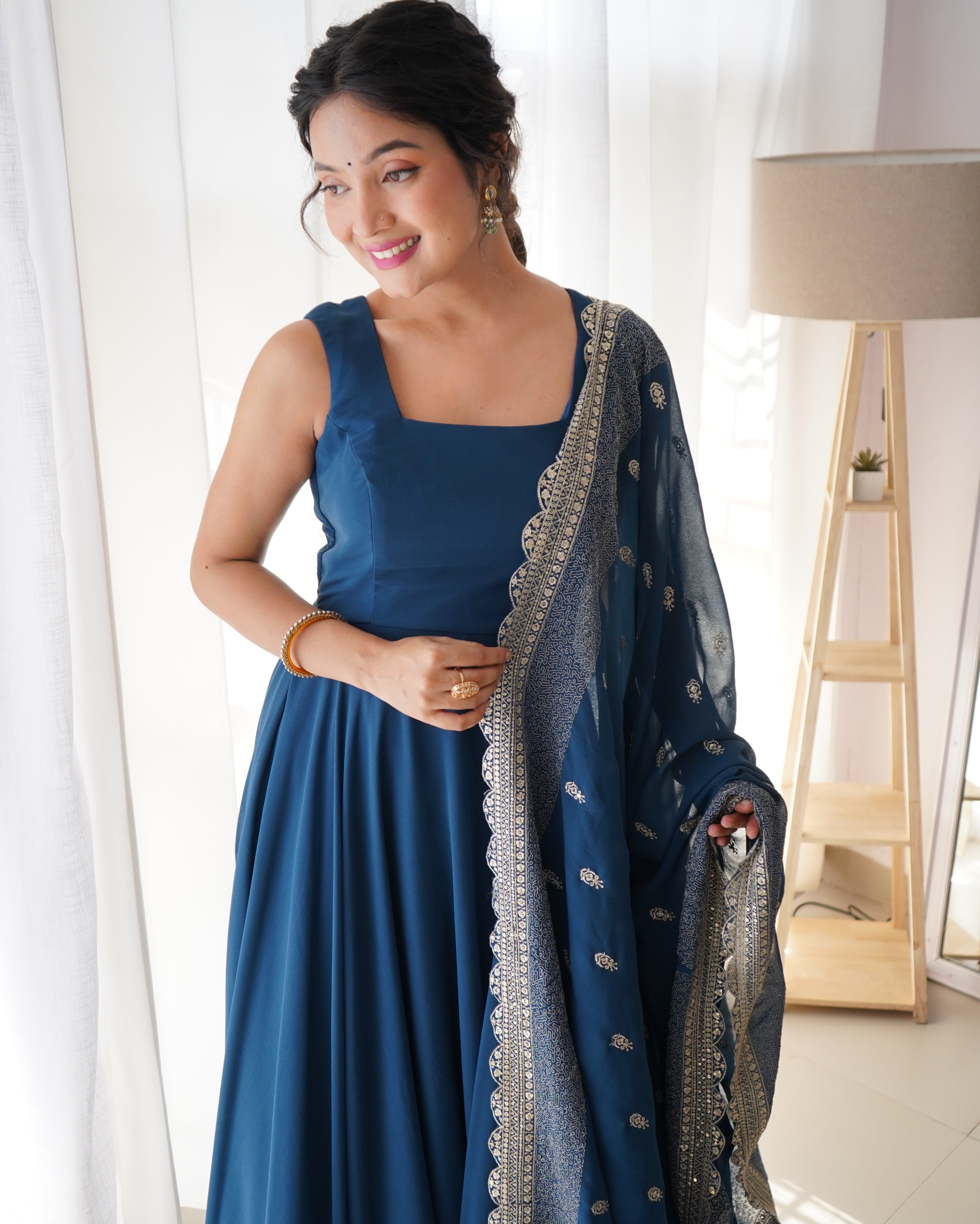 Rama Blue Anarkali Georgette Gown With Golden Dupatta Set