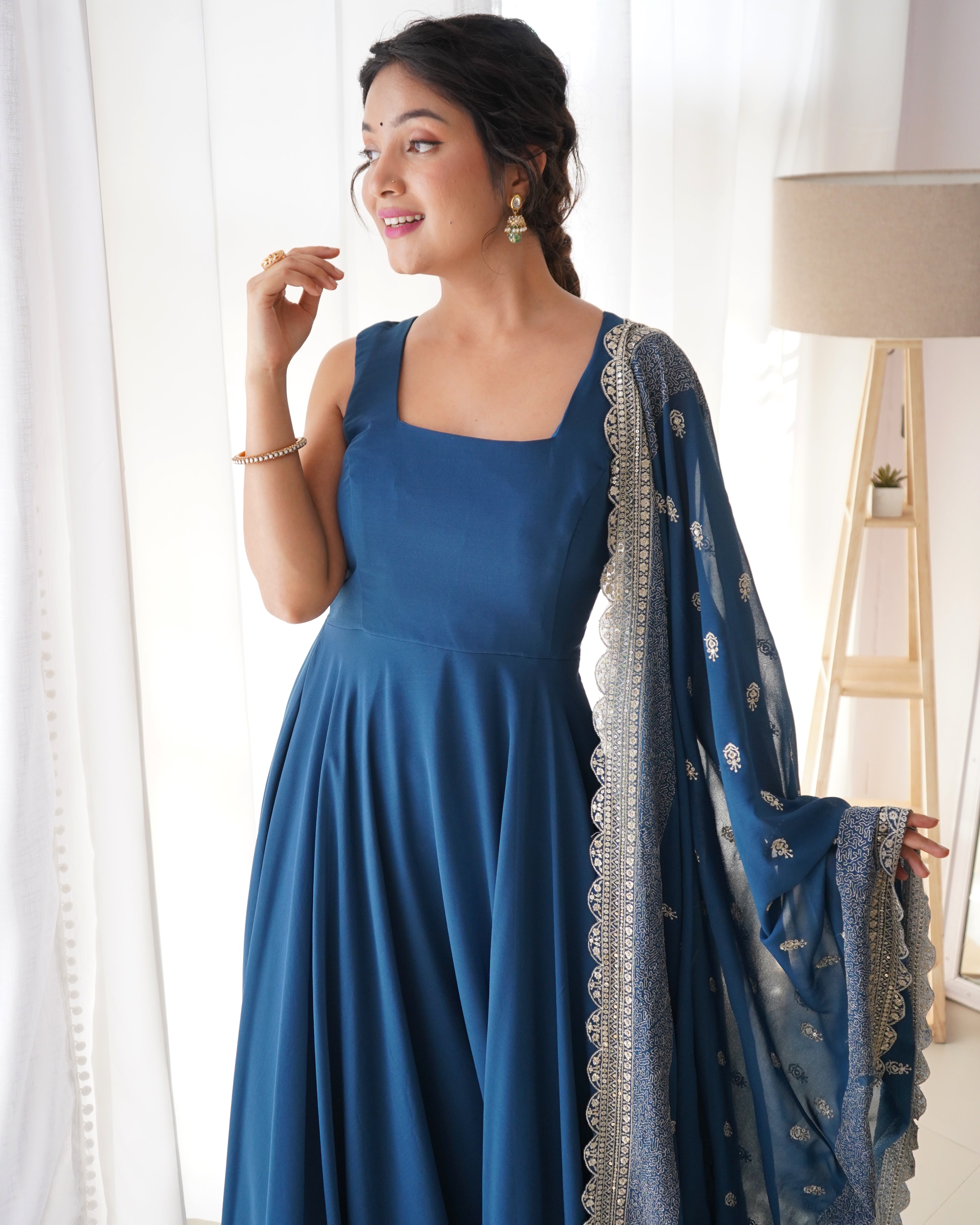 Rama Blue Anarkali Georgette Gown With Golden Dupatta Set