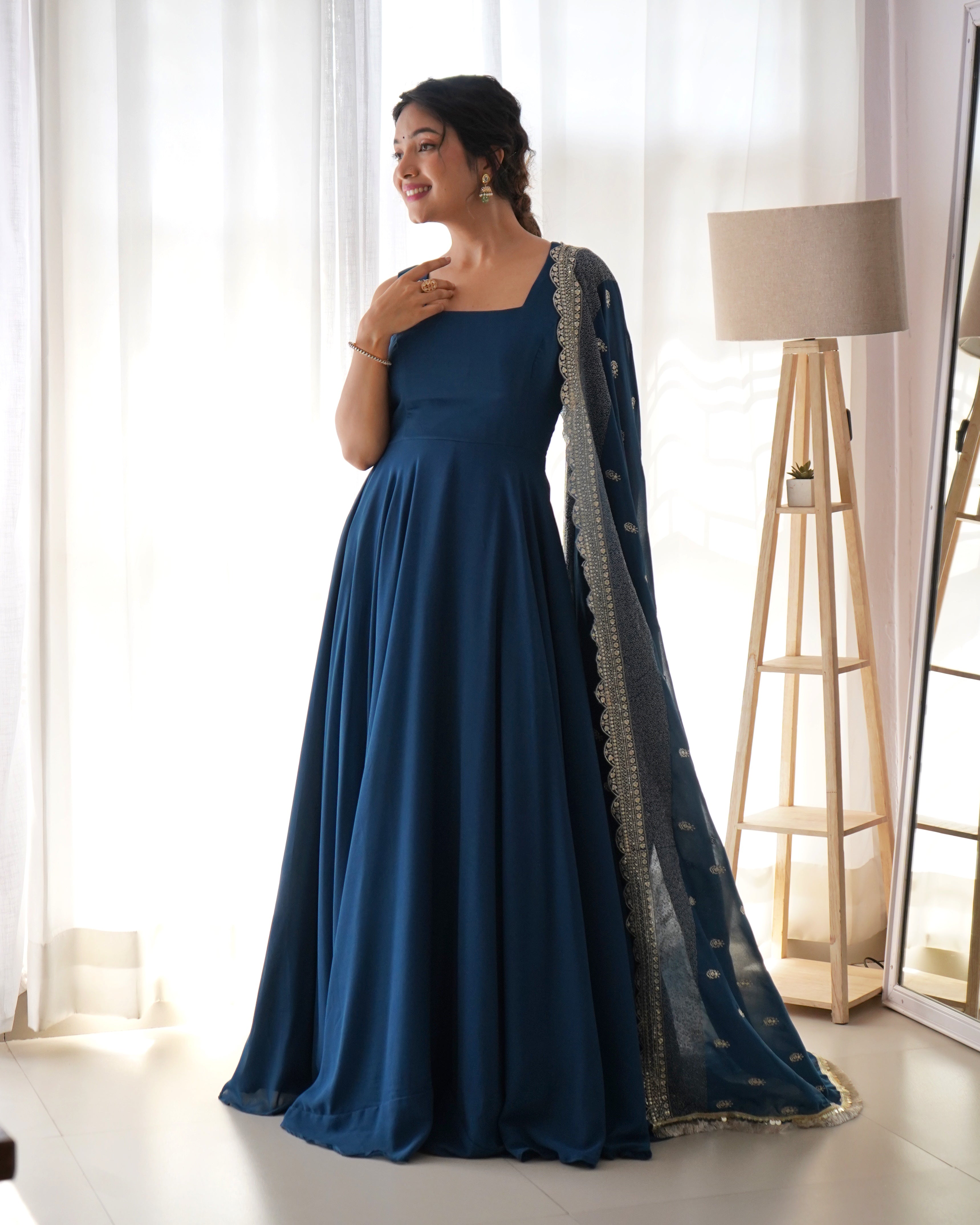 Rama Blue Anarkali Georgette Gown With Golden Dupatta Set