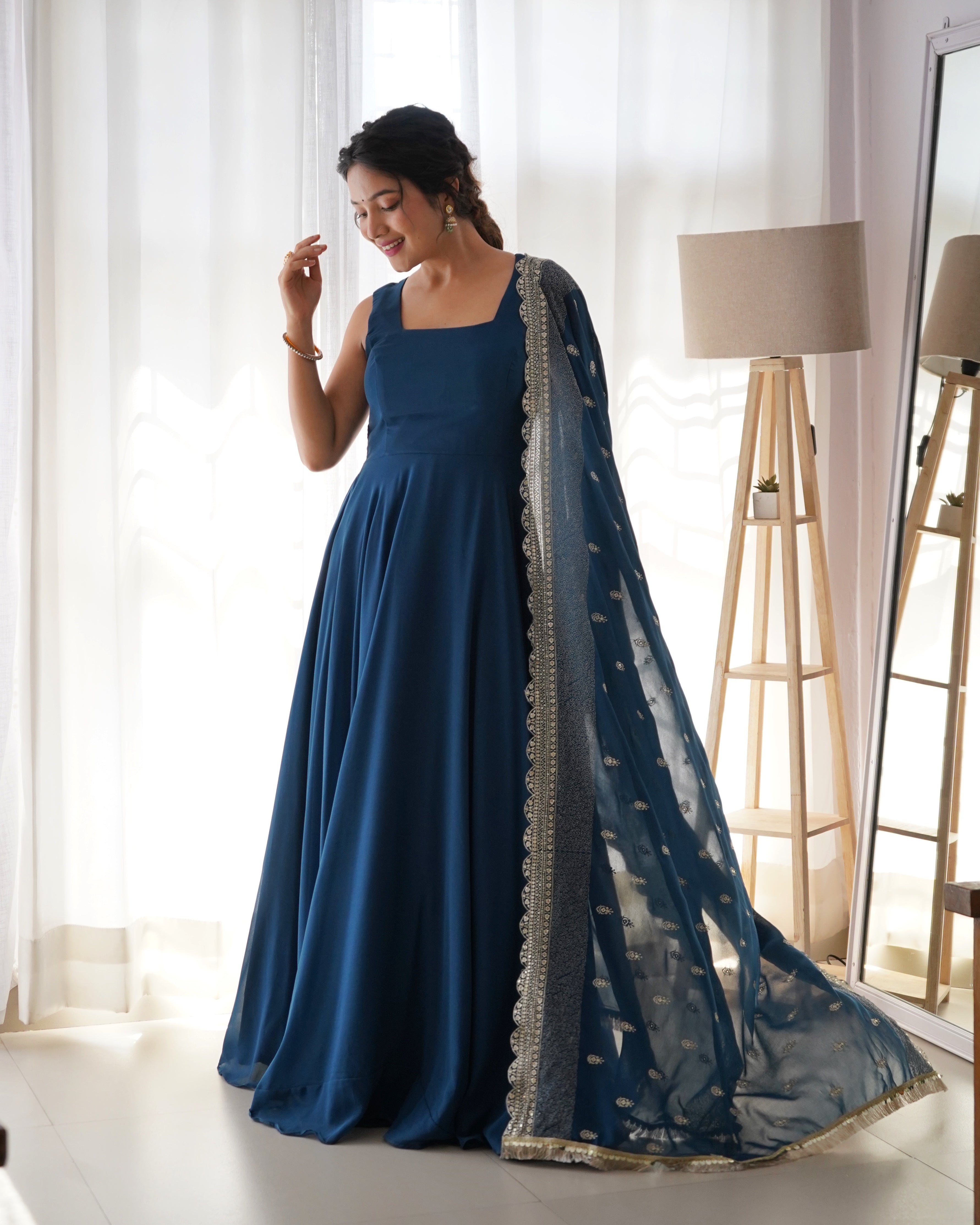 Rama Blue Anarkali Georgette Gown With Golden Dupatta Set