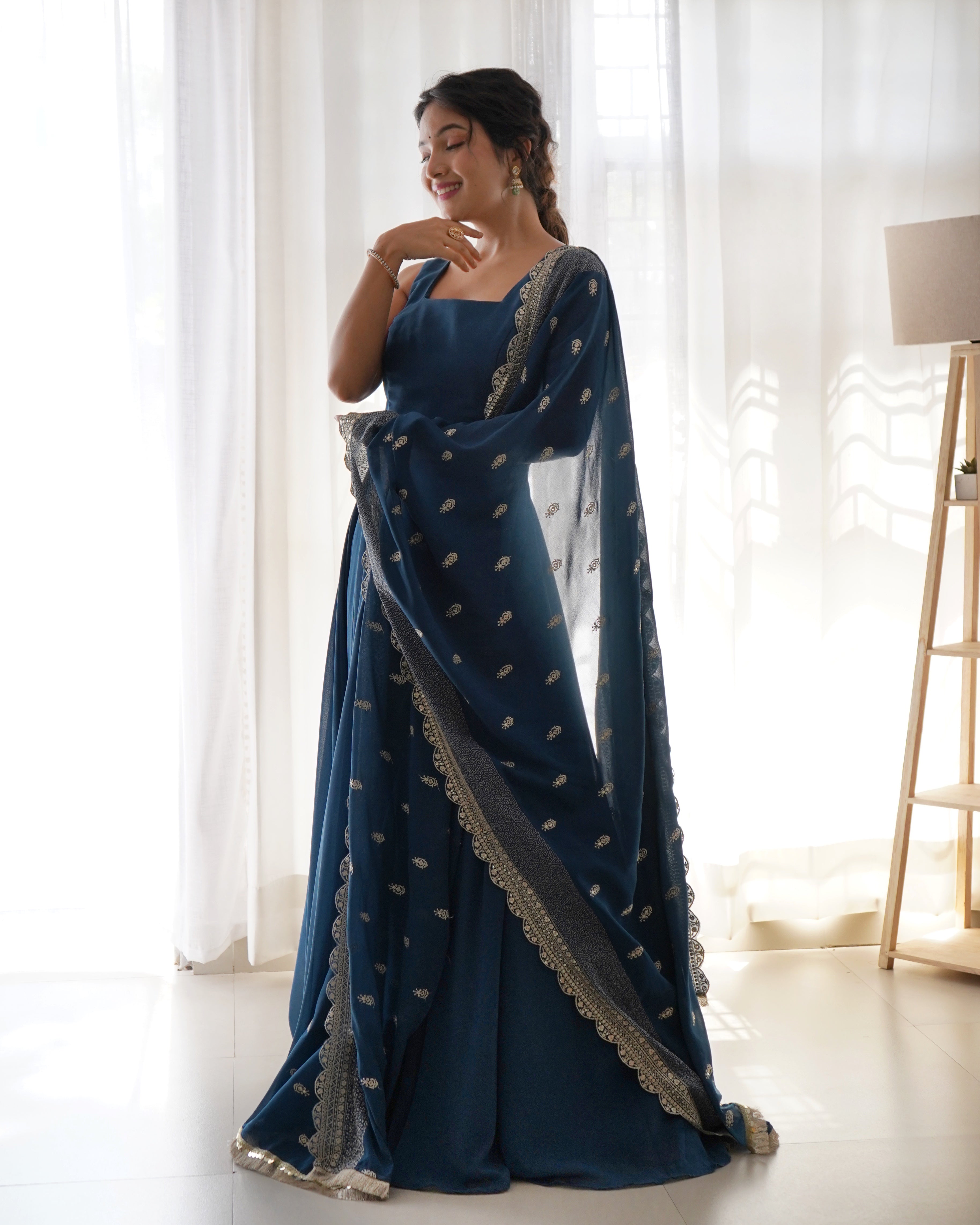 Rama Blue Anarkali Georgette Gown With Golden Dupatta Set