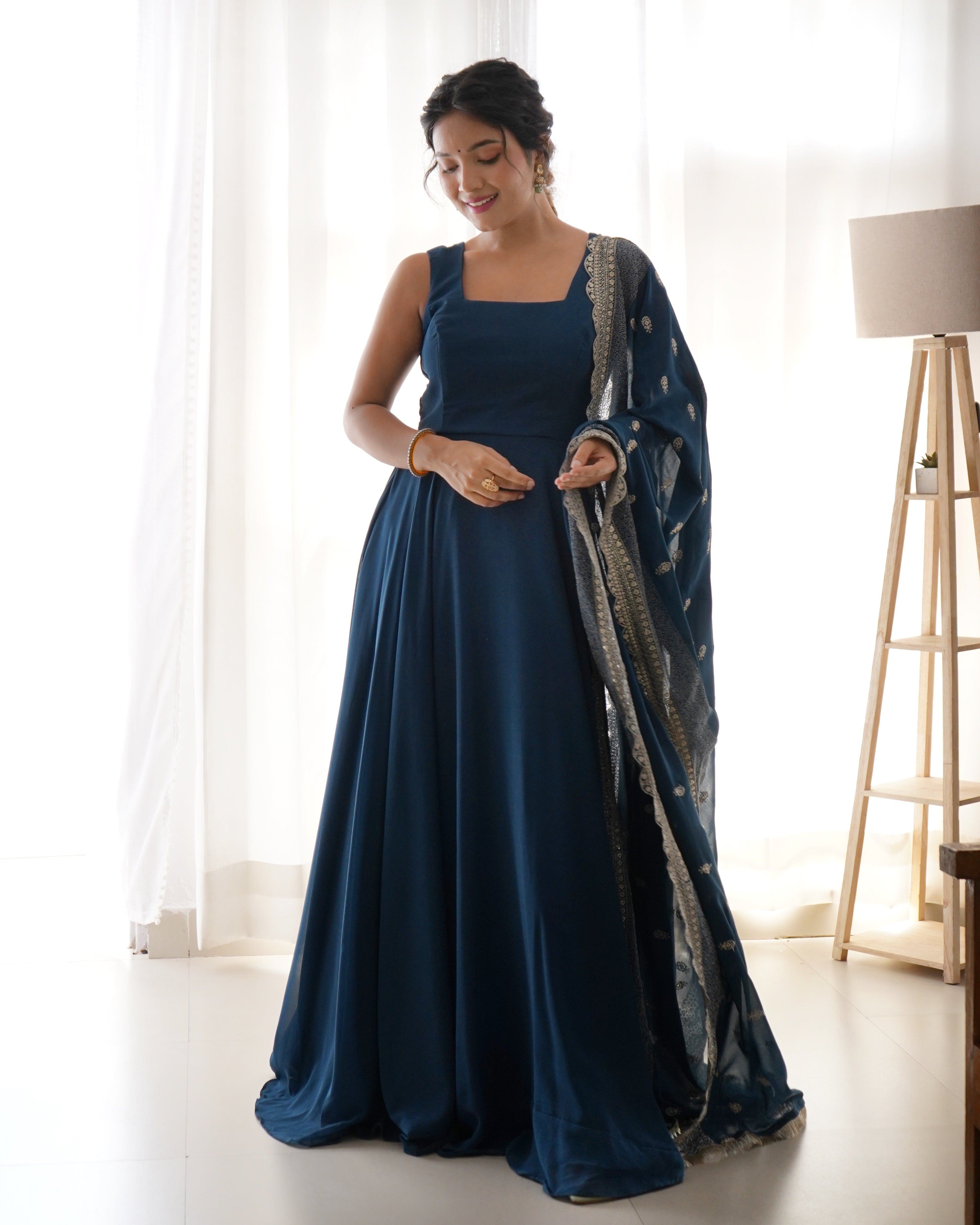 Rama Blue Anarkali Georgette Gown With Golden Dupatta Set