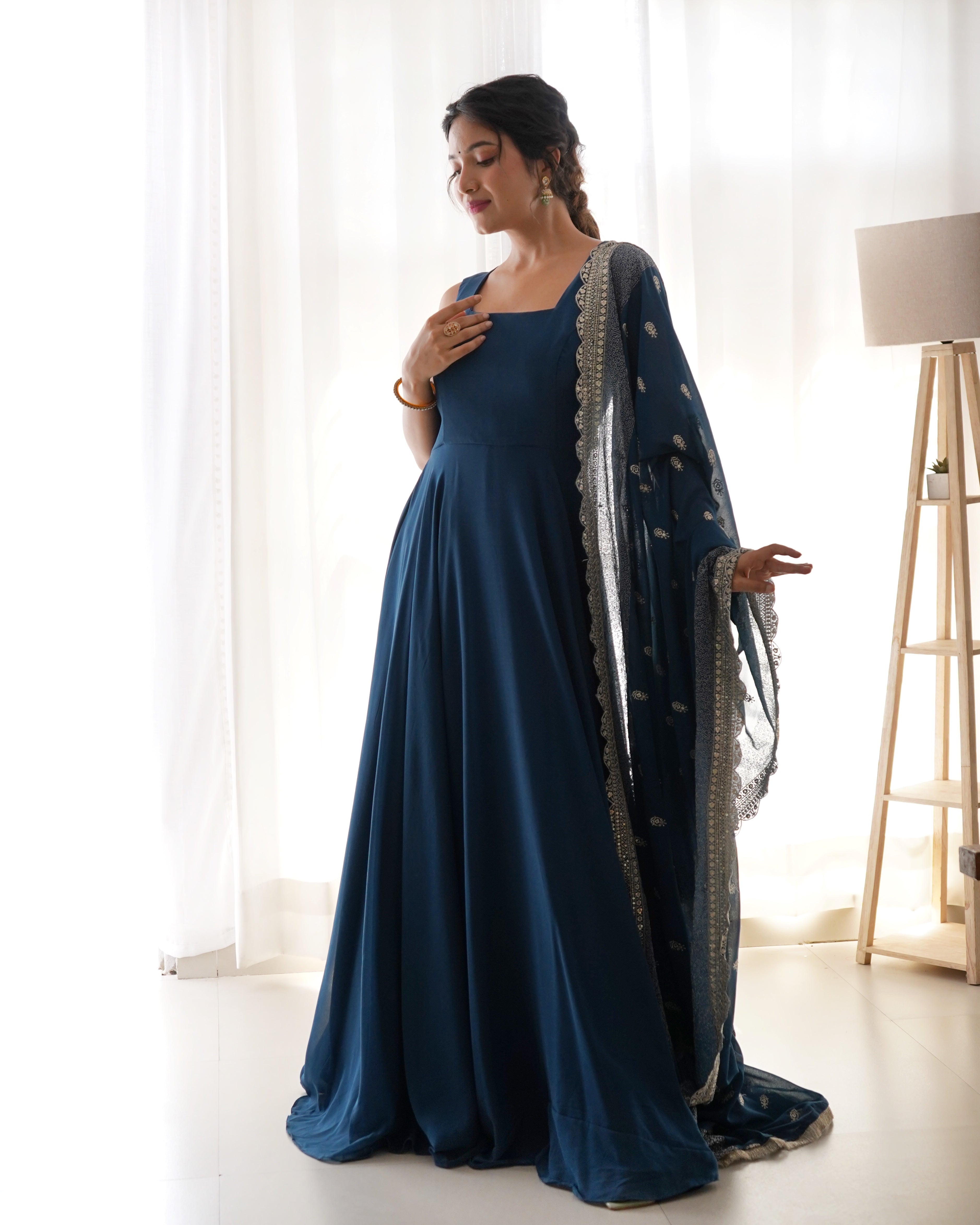 Rama Blue Anarkali Georgette Gown With Golden Dupatta Set