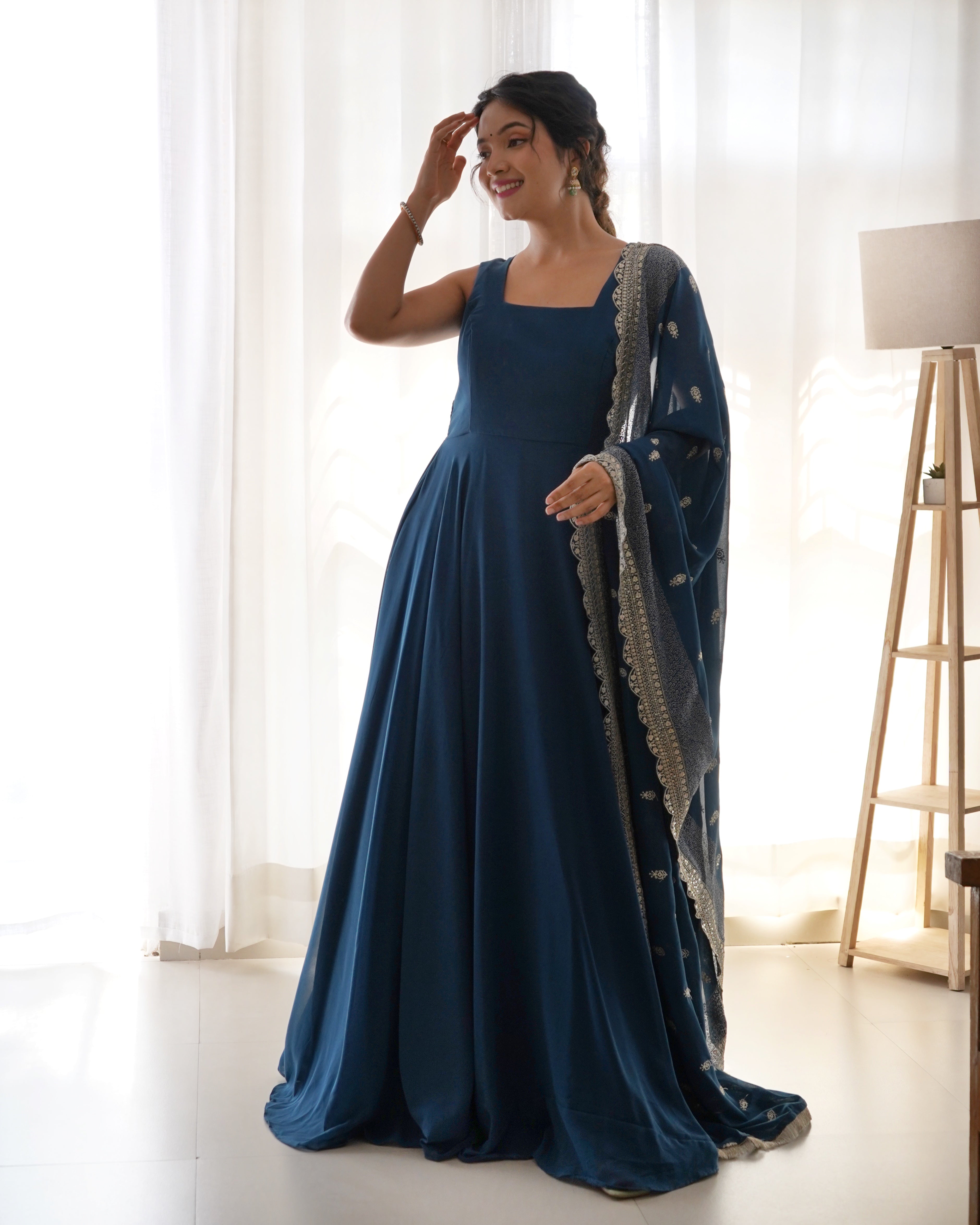 Rama Blue Anarkali Georgette Gown With Golden Dupatta Set