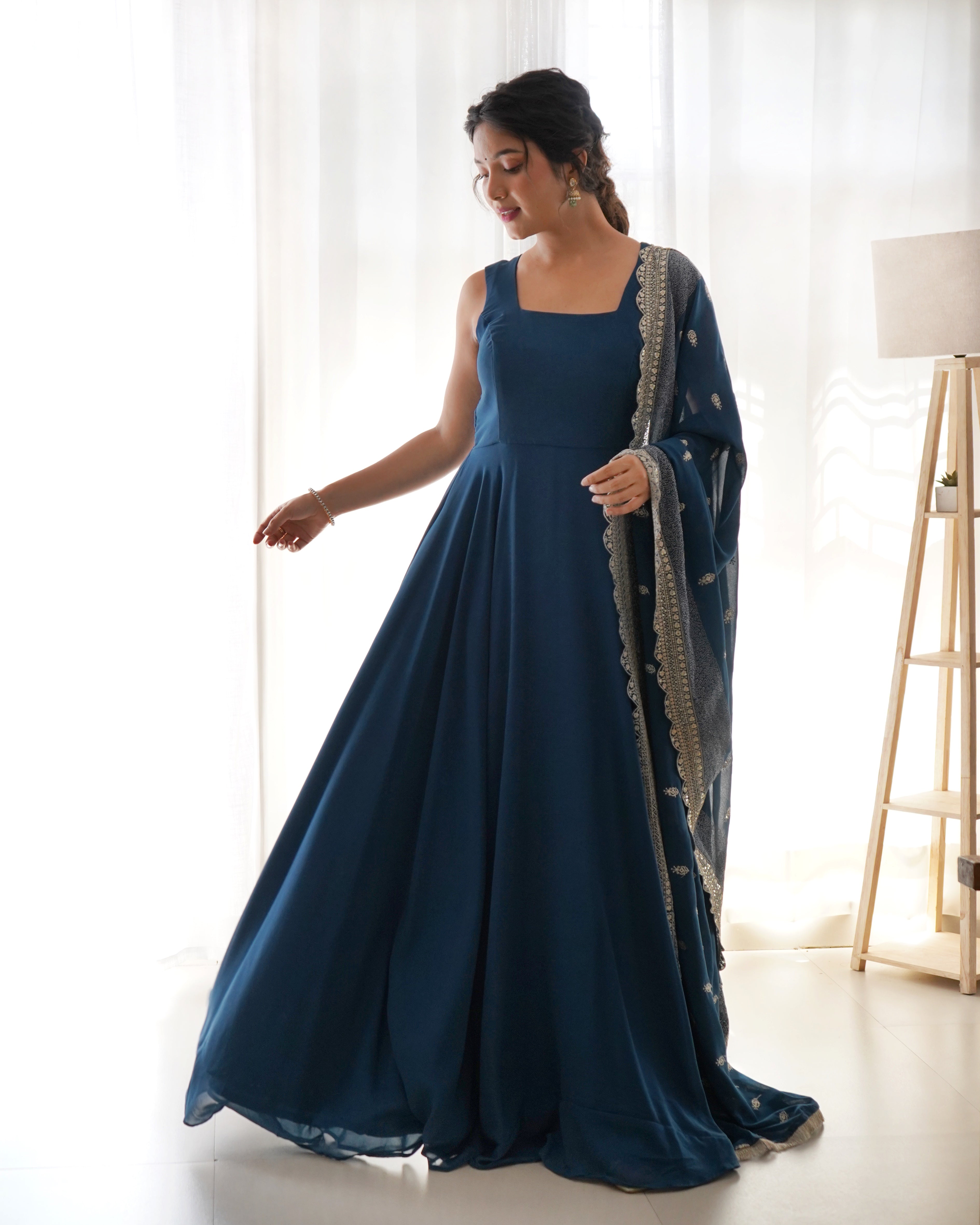 Rama Blue Anarkali Georgette Gown With Golden Dupatta Set