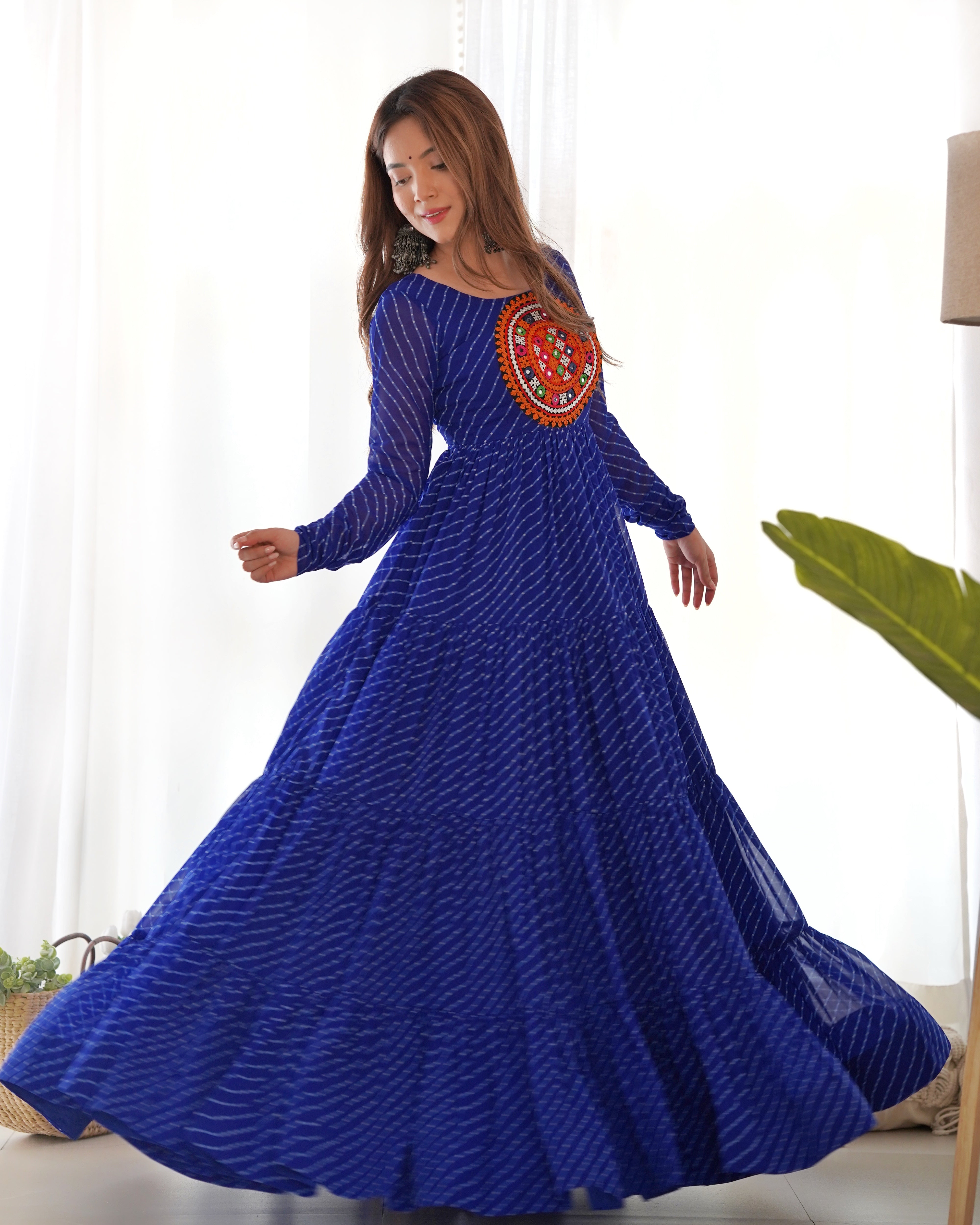 *PURE SOFT FOX GEORGETTE LAHERIYA PRINT FABRIC FULLY FLAIR ANARKALI FULLY STTICHED GOWN READY TO WEAR*