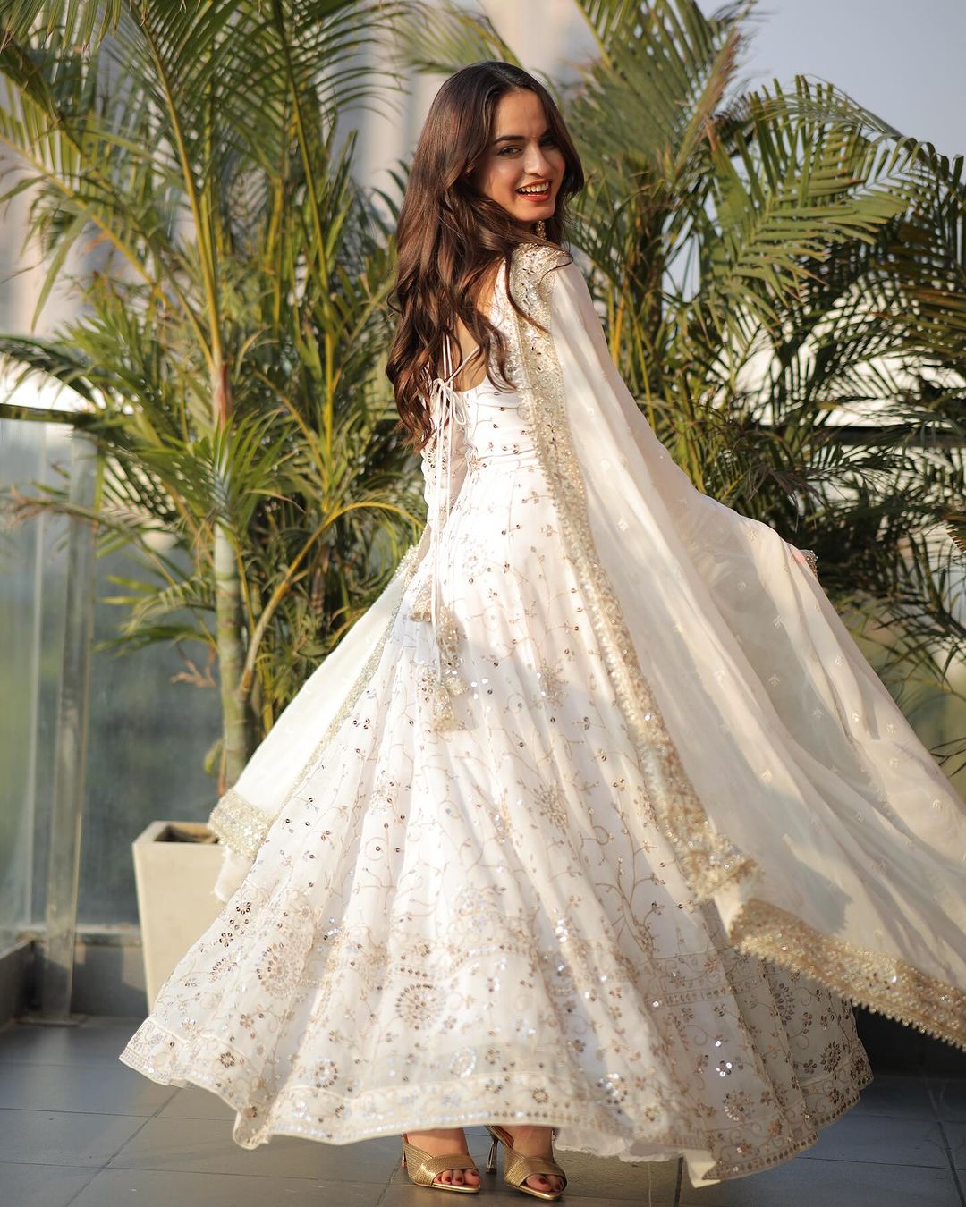 White Fancy Style Designer Anarkali Gown With Pant & Dupatta Set