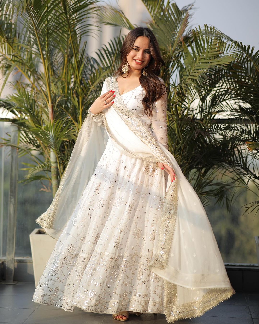 White Fancy Style Designer Anarkali Gown With Pant & Dupatta Set