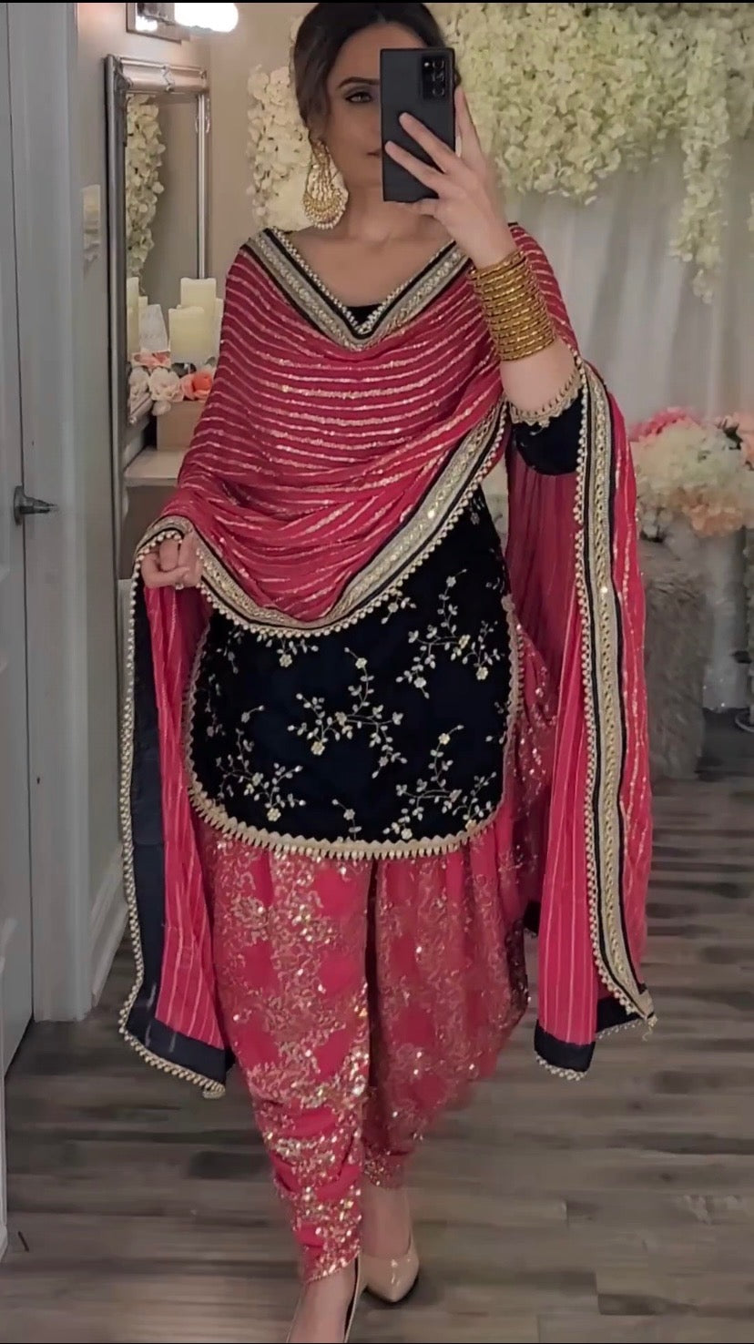 Black and pink New Party Wear Look Top Dhoti Salwar and Dupatta