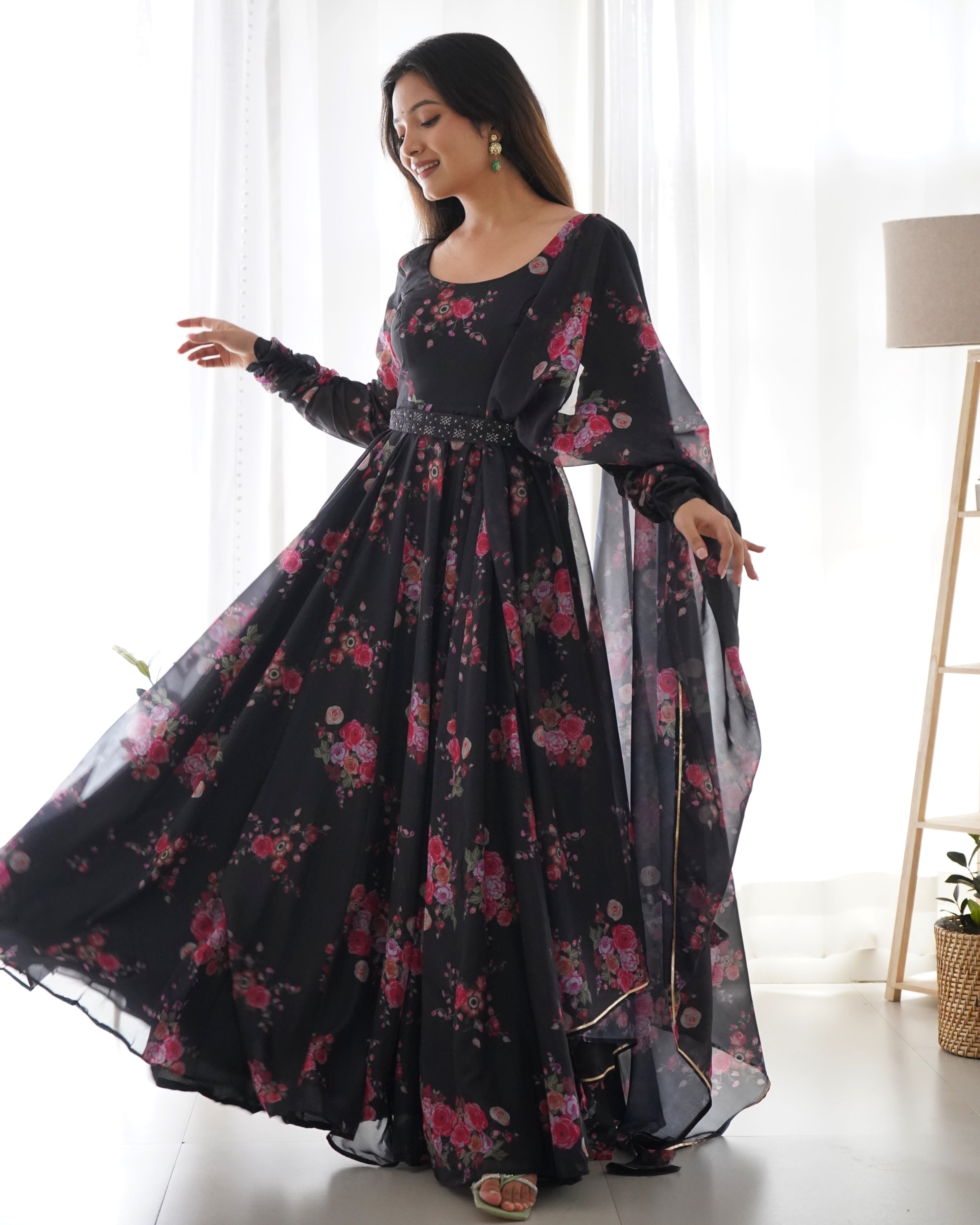 Black Organza Printed Anarkali Kurti With Pant & Dupatta Set